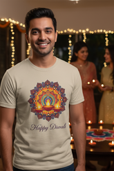 Unisex Diwali Celebration Mandala Graphic Classic Crew Beige T-Shirt