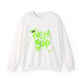 Crewneck Sweatshirt — Neon Green 'Never Stop' Graffiti Design