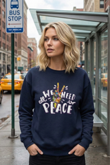 Crewneck Navy Blue Sweatshirt — 'All We Need Is Peace' Floral Handlettered Design
