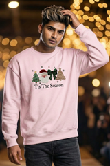 Unisex Light Baby Pink Embroidered Santa & Christmas Trees Oversized Sweatshirt