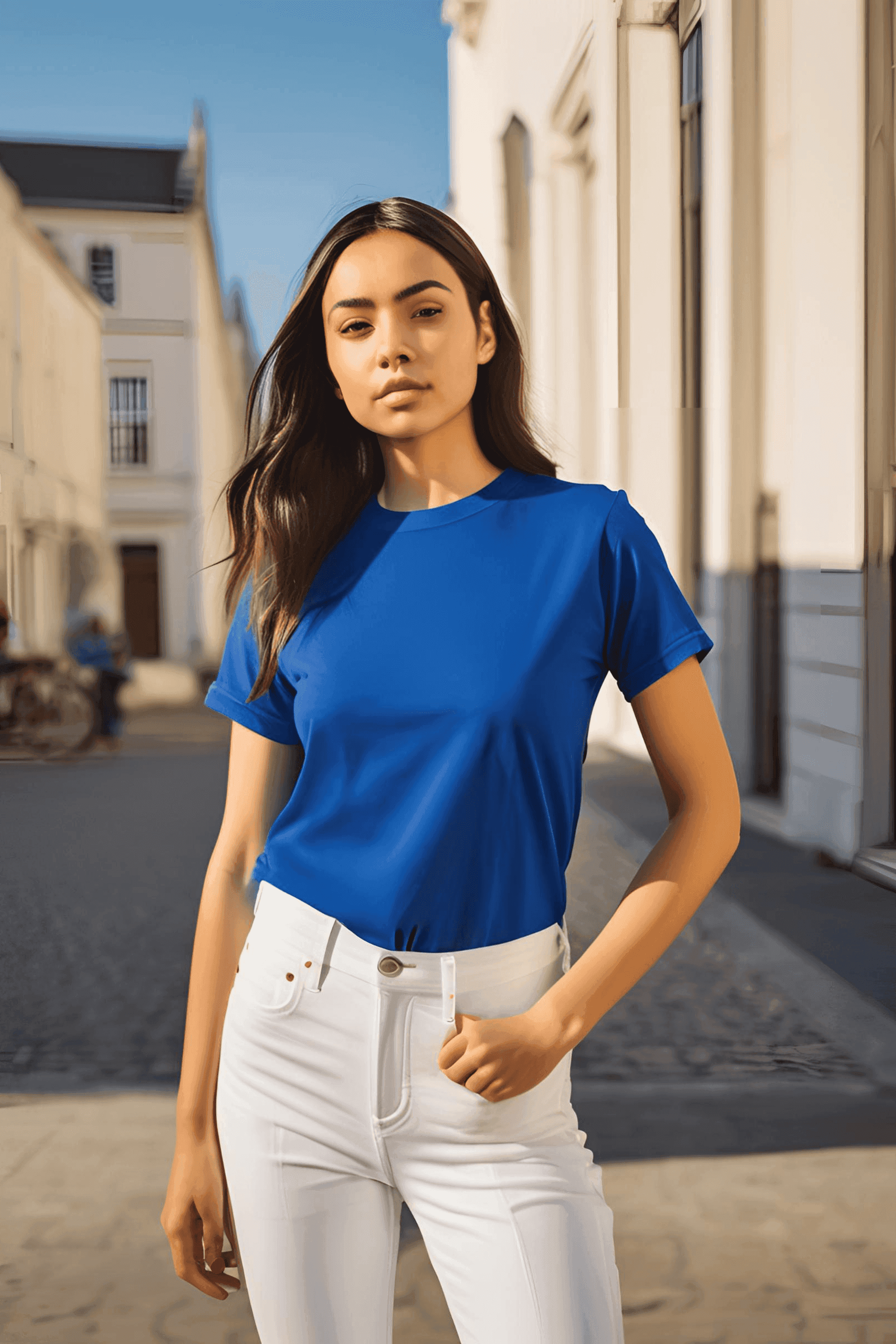 Round Neck Plain Printed Long Sleeve Curved Hem Blue T-Shirts