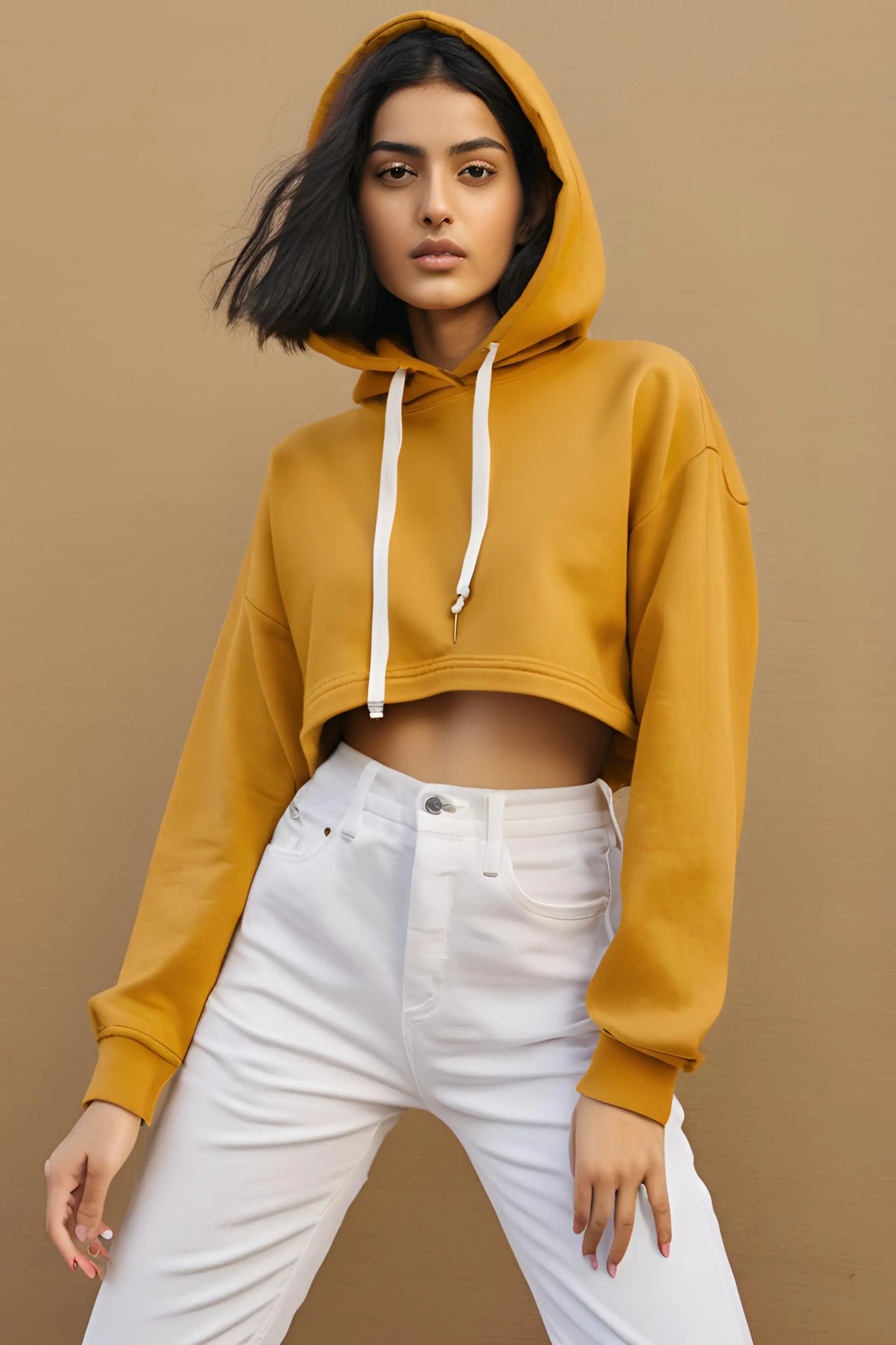 Women's Plain Mustard Yellow Crop Hoodies – Drapelet