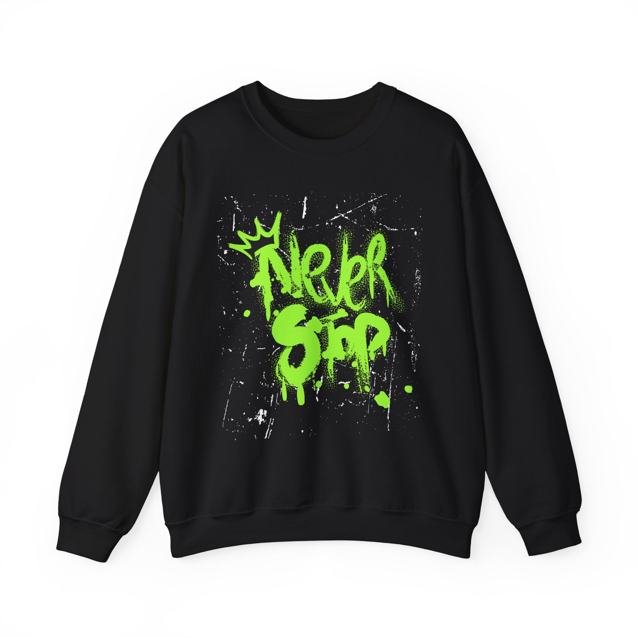 Crewneck Sweatshirt — Neon Green 'Never Stop' Graffiti Design