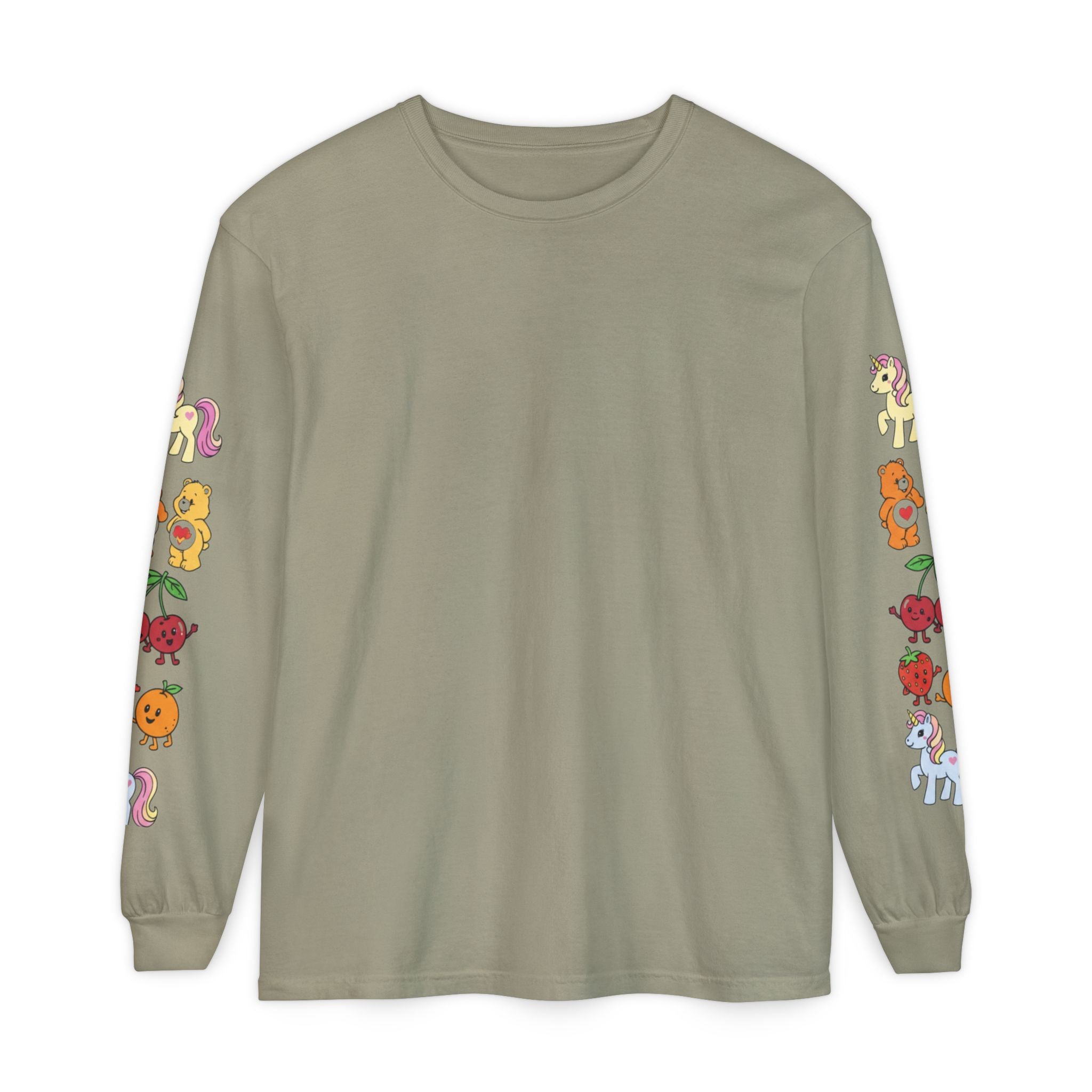 Long Sleeve T‑Shirt — Retro Cute Fruit & Pony Sleeve Print