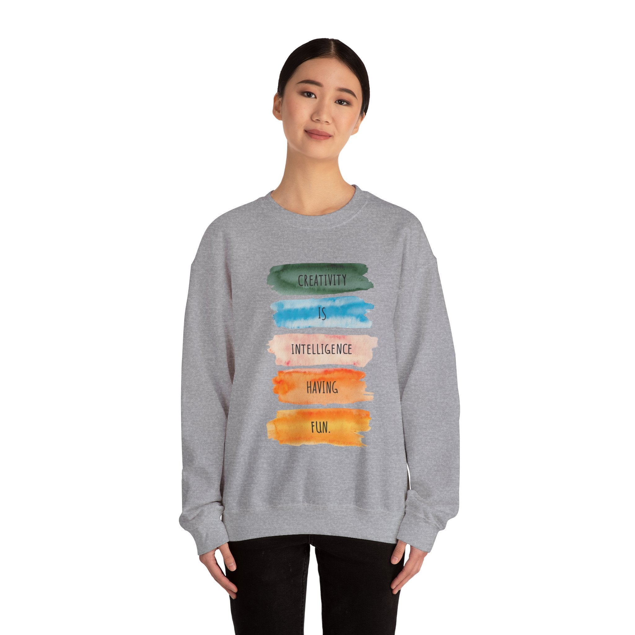 Crewneck Sweatshirt — "Creativity is Intelligence Having Fun" Watercolor Stripes