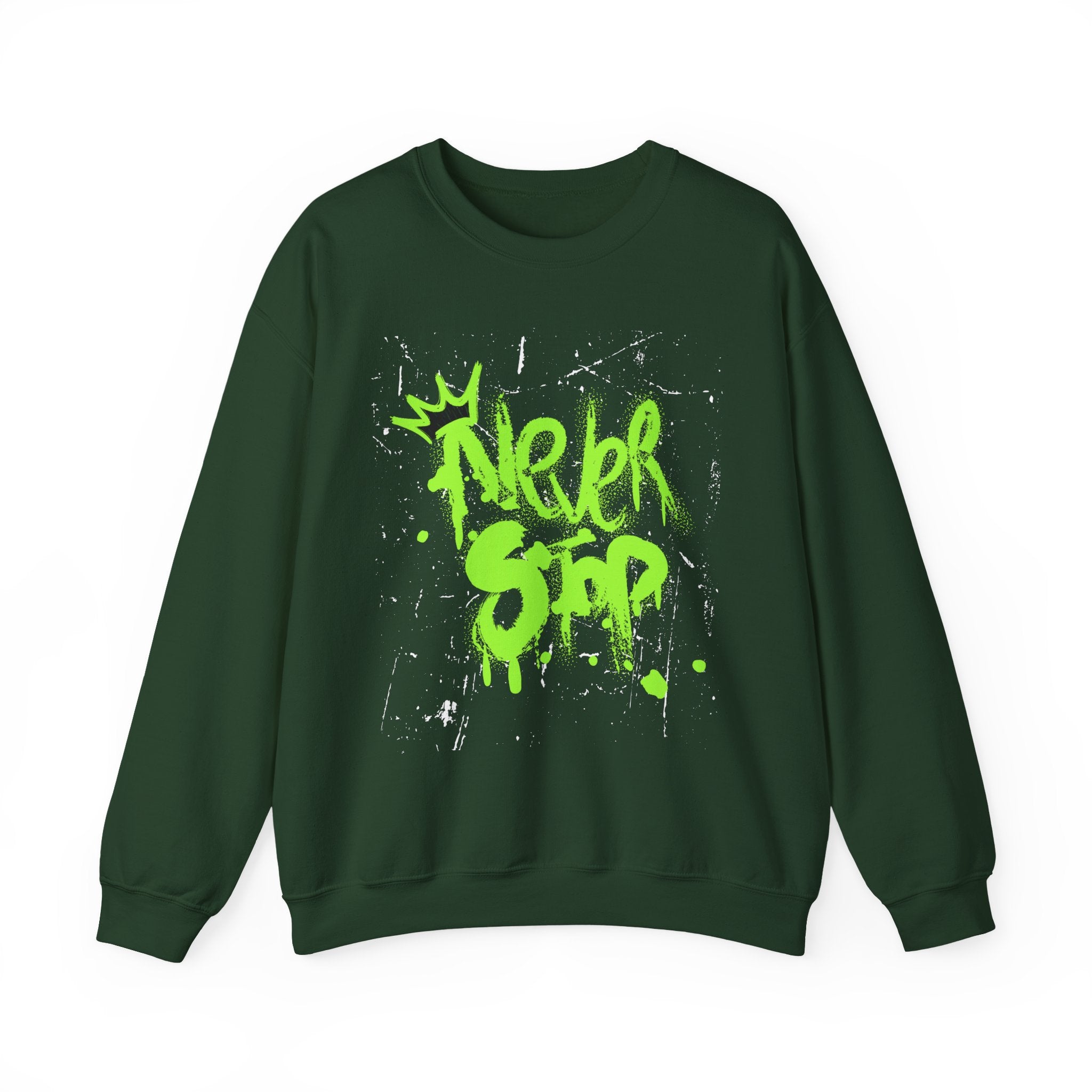 Crewneck Sweatshirt — Neon Green 'Never Stop' Graffiti Design