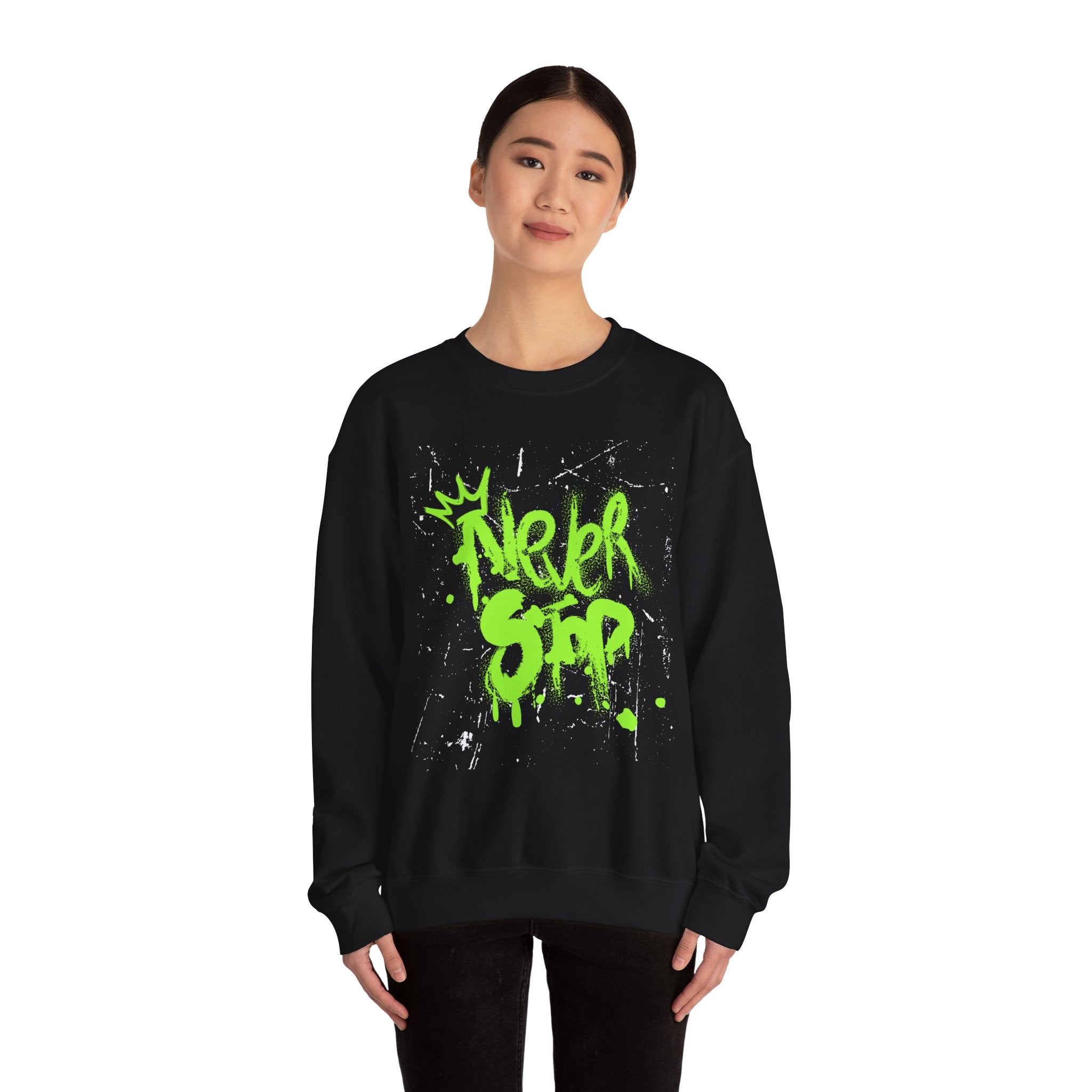 Crewneck Sweatshirt — Neon Green 'Never Stop' Graffiti Design