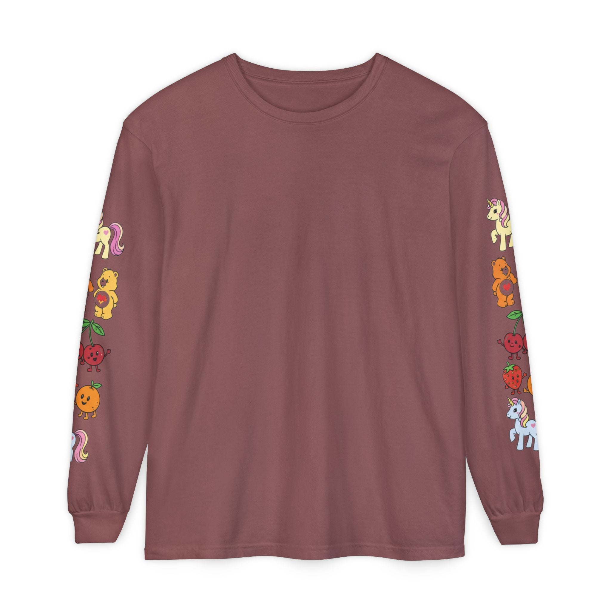 Long Sleeve T‑Shirt — Retro Cute Fruit & Pony Sleeve Print
