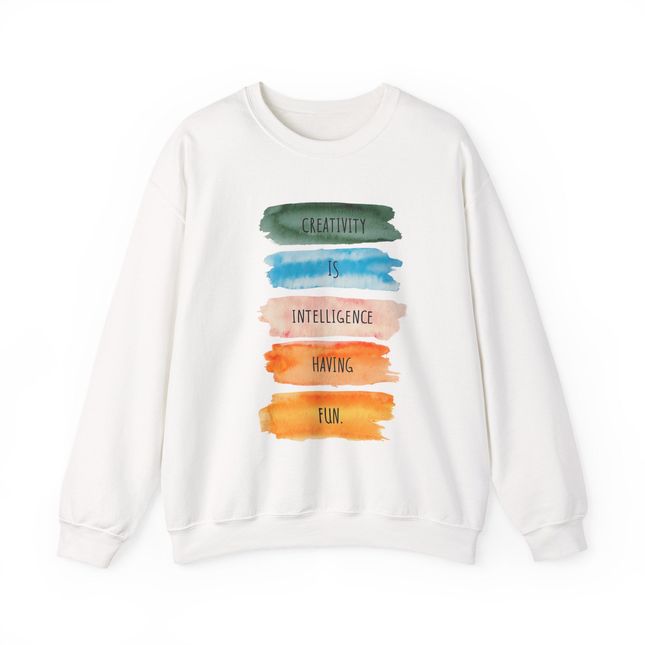 Crewneck Sweatshirt — "Creativity is Intelligence Having Fun" Watercolor Stripes