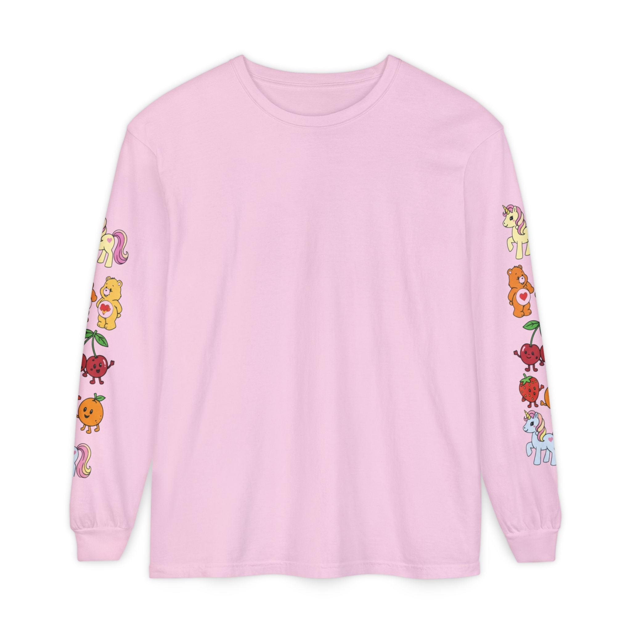 Long Sleeve T‑Shirt — Retro Cute Fruit & Pony Sleeve Print