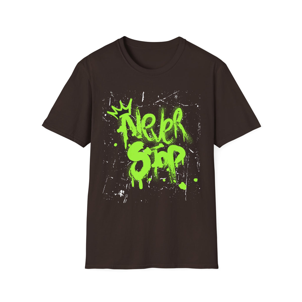 Never Stop Graffiti T-Shirt — Neon Green Street Art Tee