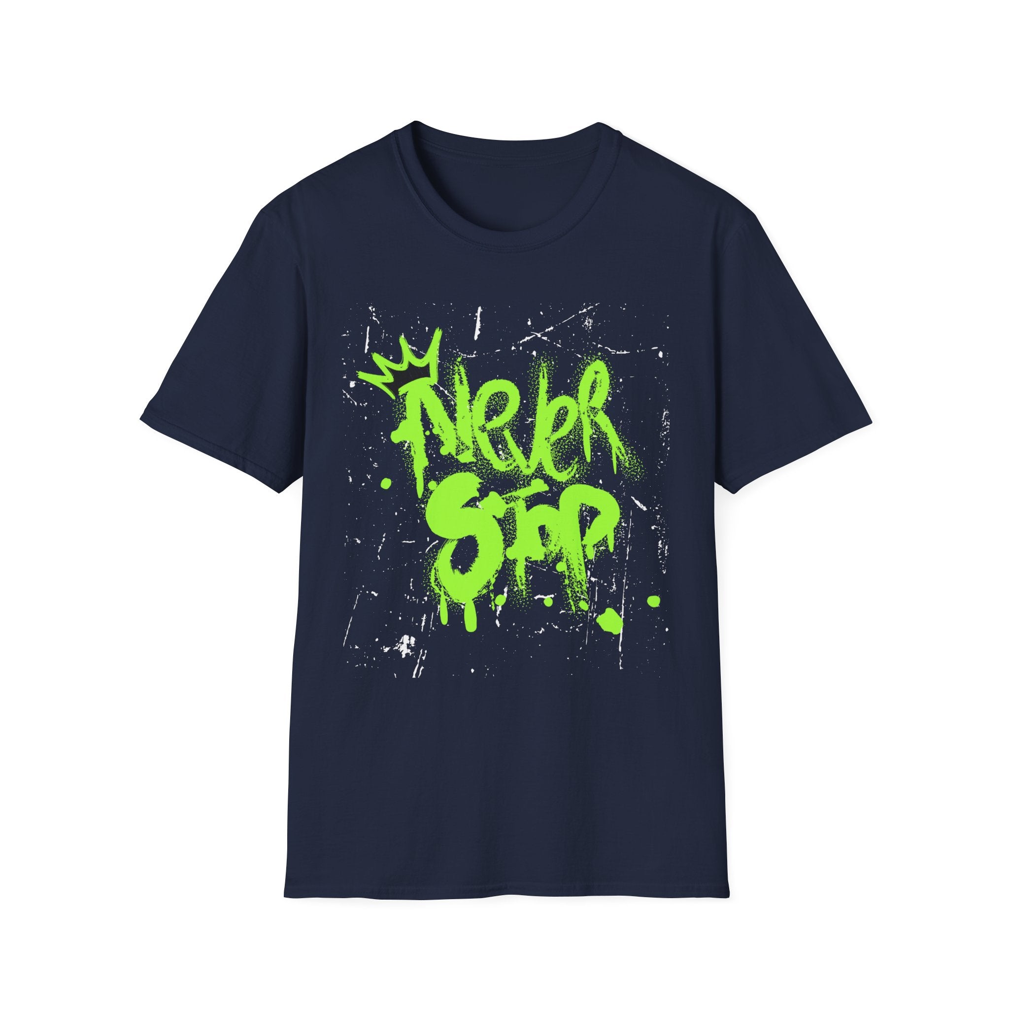 Never Stop Graffiti T-Shirt — Neon Green Street Art Tee