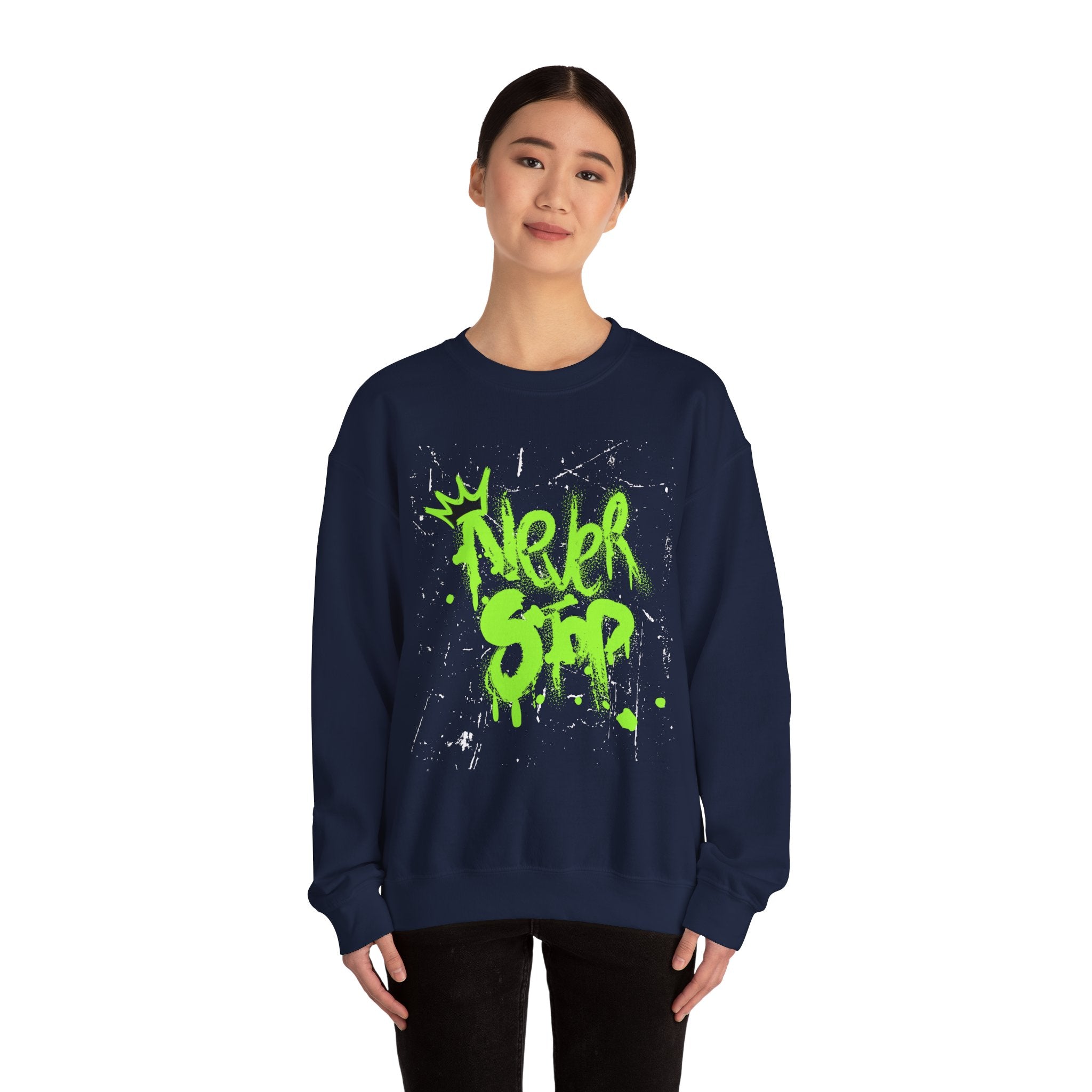 Crewneck Sweatshirt — Neon Green 'Never Stop' Graffiti Design