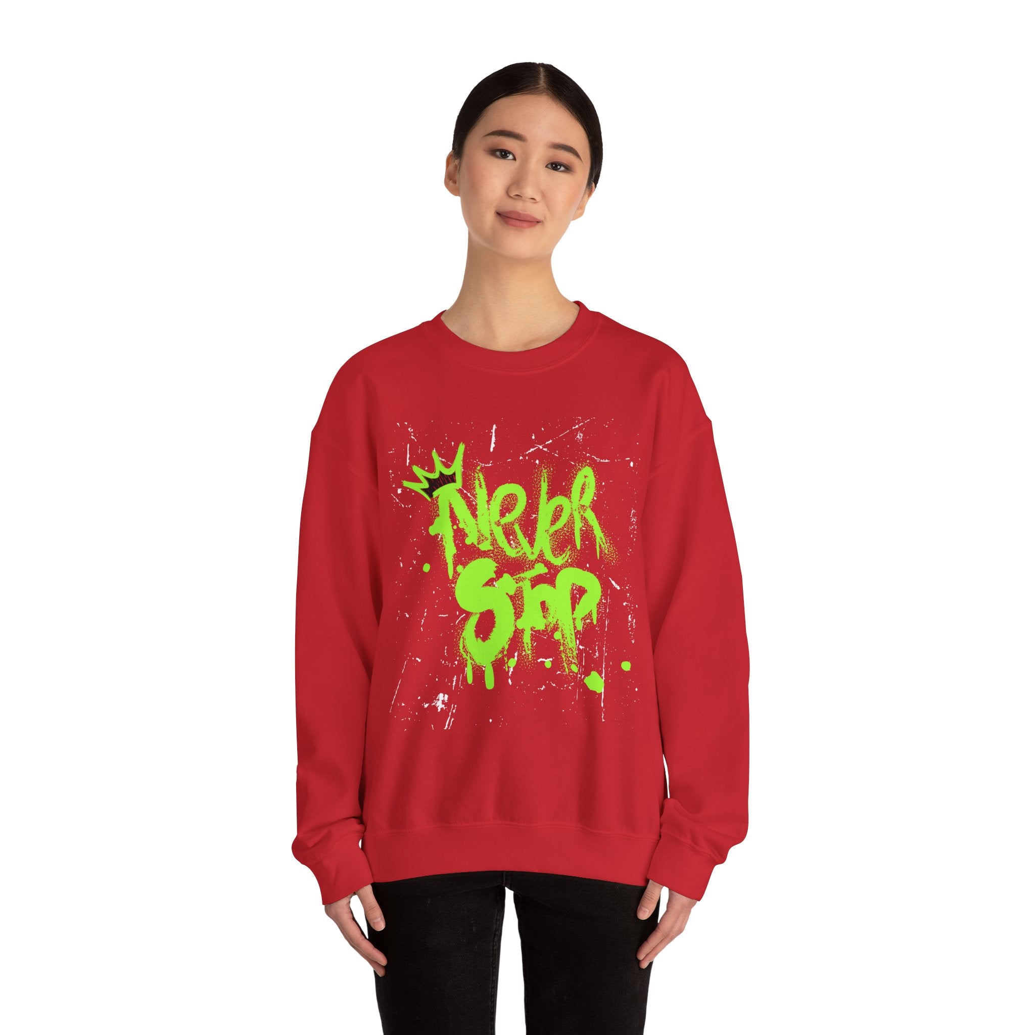 Crewneck Sweatshirt — Neon Green 'Never Stop' Graffiti Design