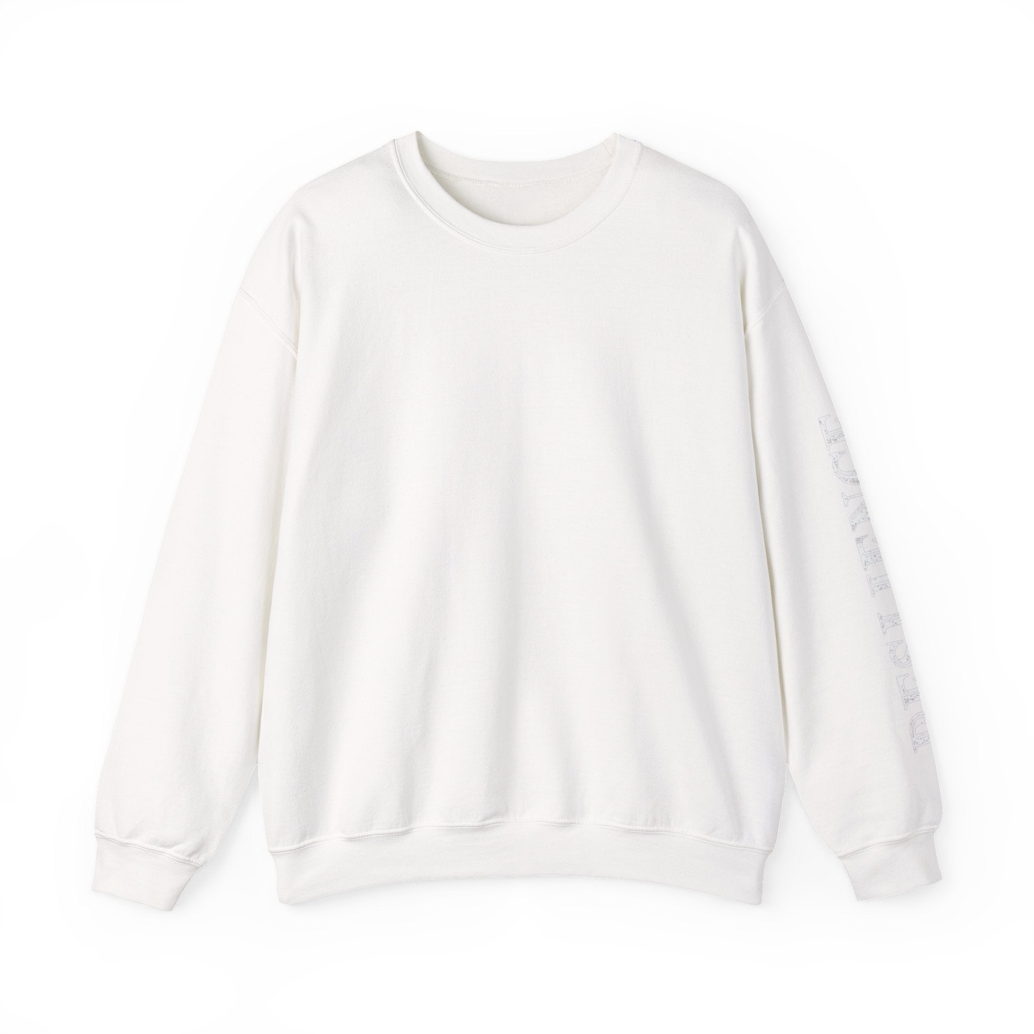 White Minimal Crewneck Sweatshirt — Subtle Sleeve Text Casual Pullover