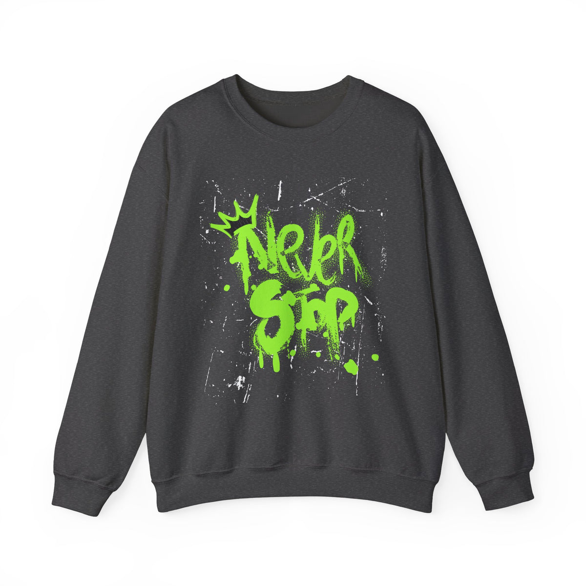 Crewneck Sweatshirt — Neon Green 'Never Stop' Graffiti Design