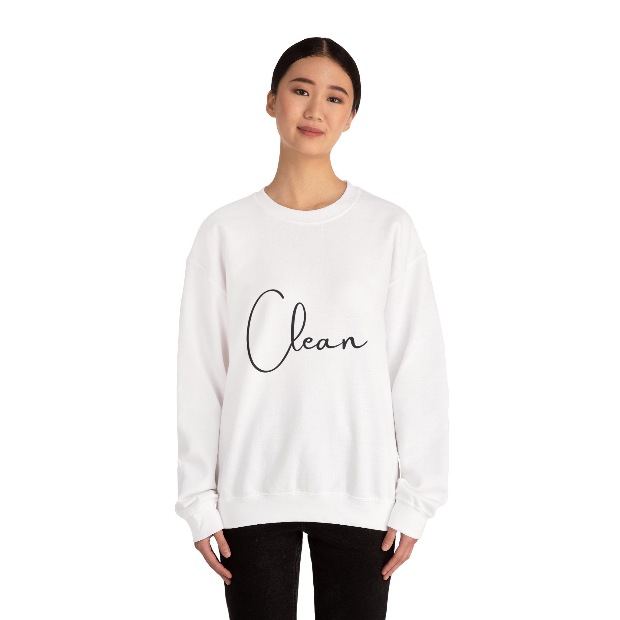 Crewneck Sweatshirt - "Clean" Minimal Script Graphic, Cozy Casual Pullover for Everyday Wear
