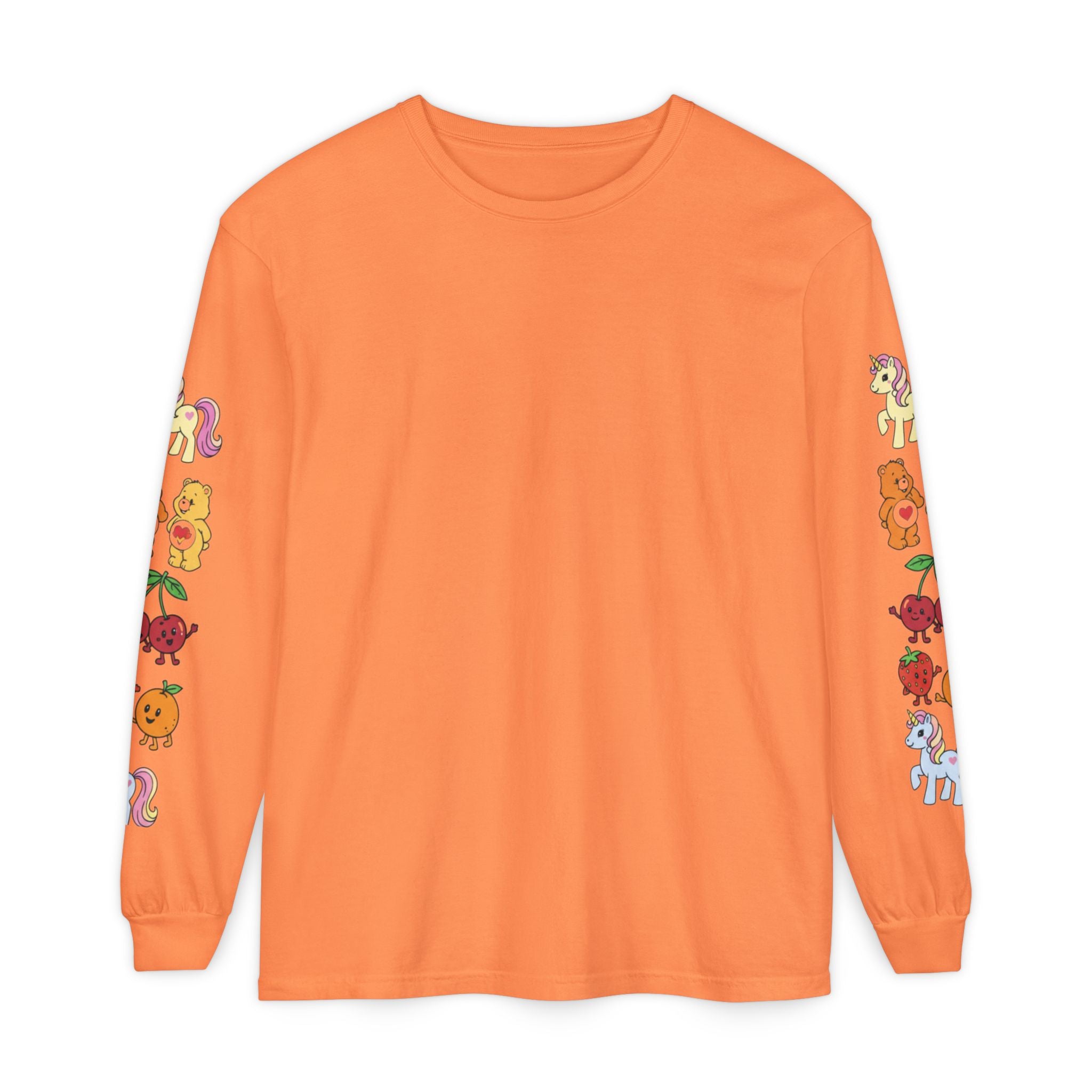Long Sleeve T‑Shirt — Retro Cute Fruit & Pony Sleeve Print
