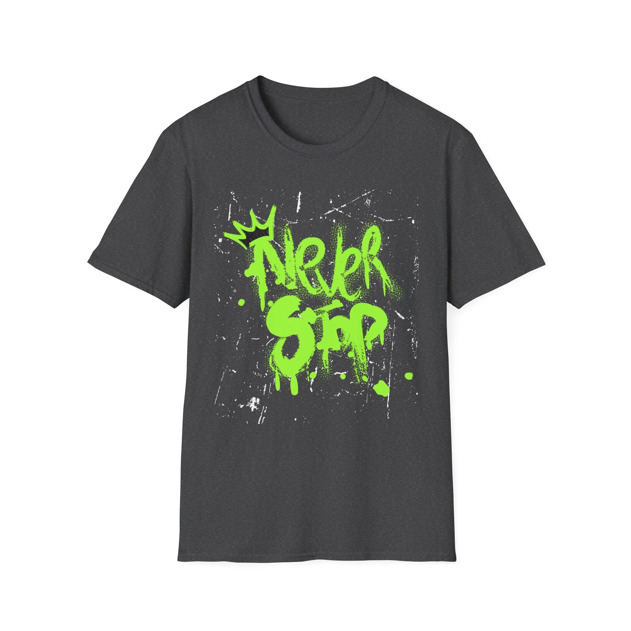 Never Stop Graffiti T-Shirt — Neon Green Street Art Tee