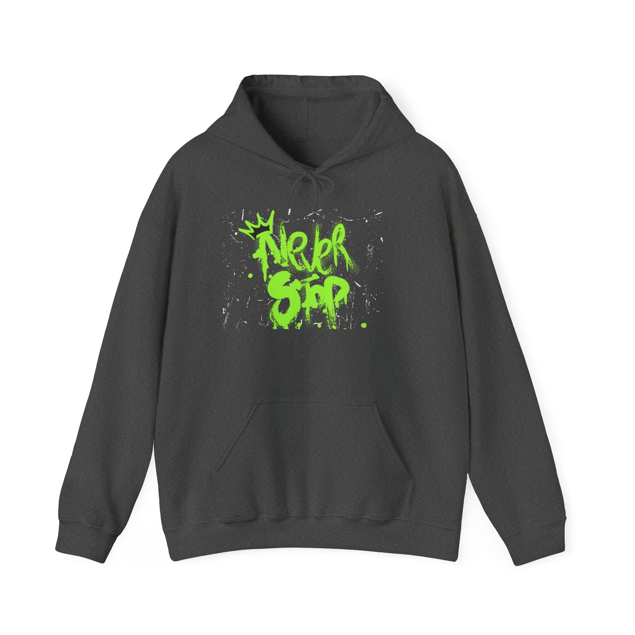 'Never Stop' Graffiti Hoodie - Neon Green Streetwear Pullover