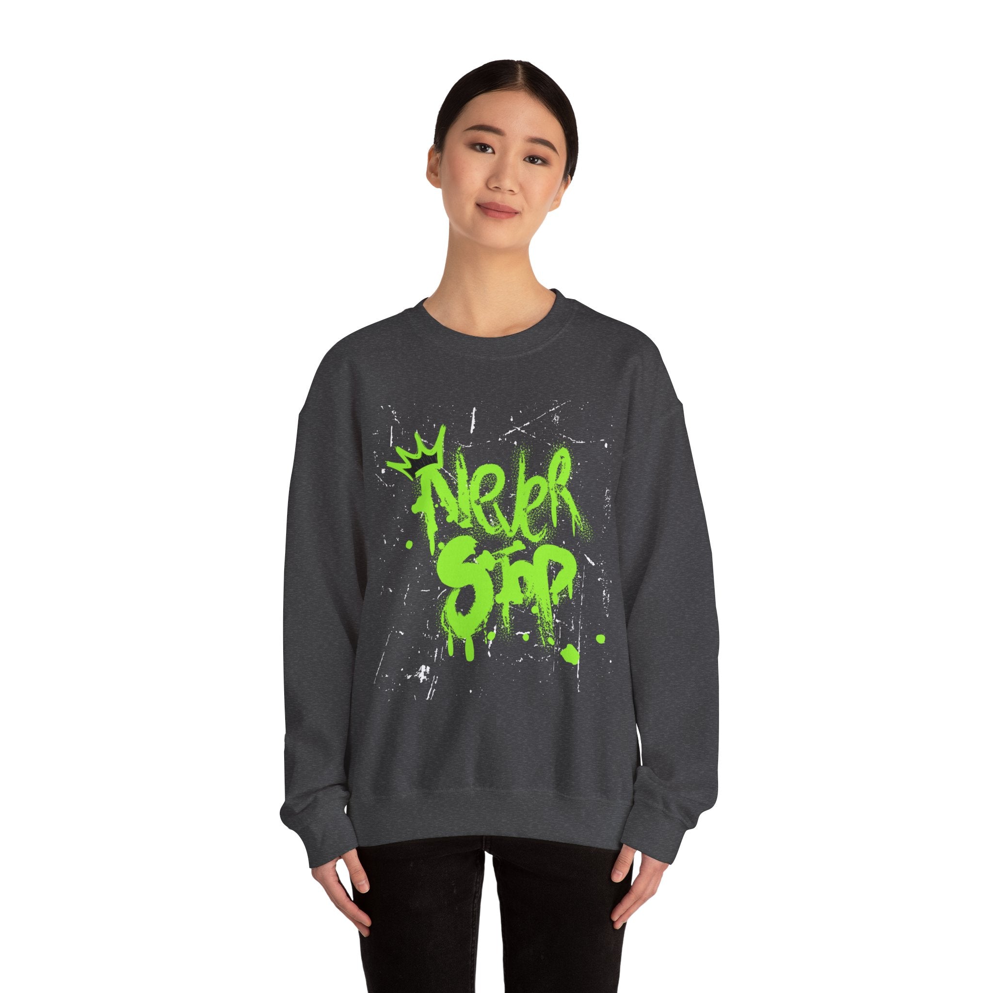 Crewneck Sweatshirt — Neon Green 'Never Stop' Graffiti Design
