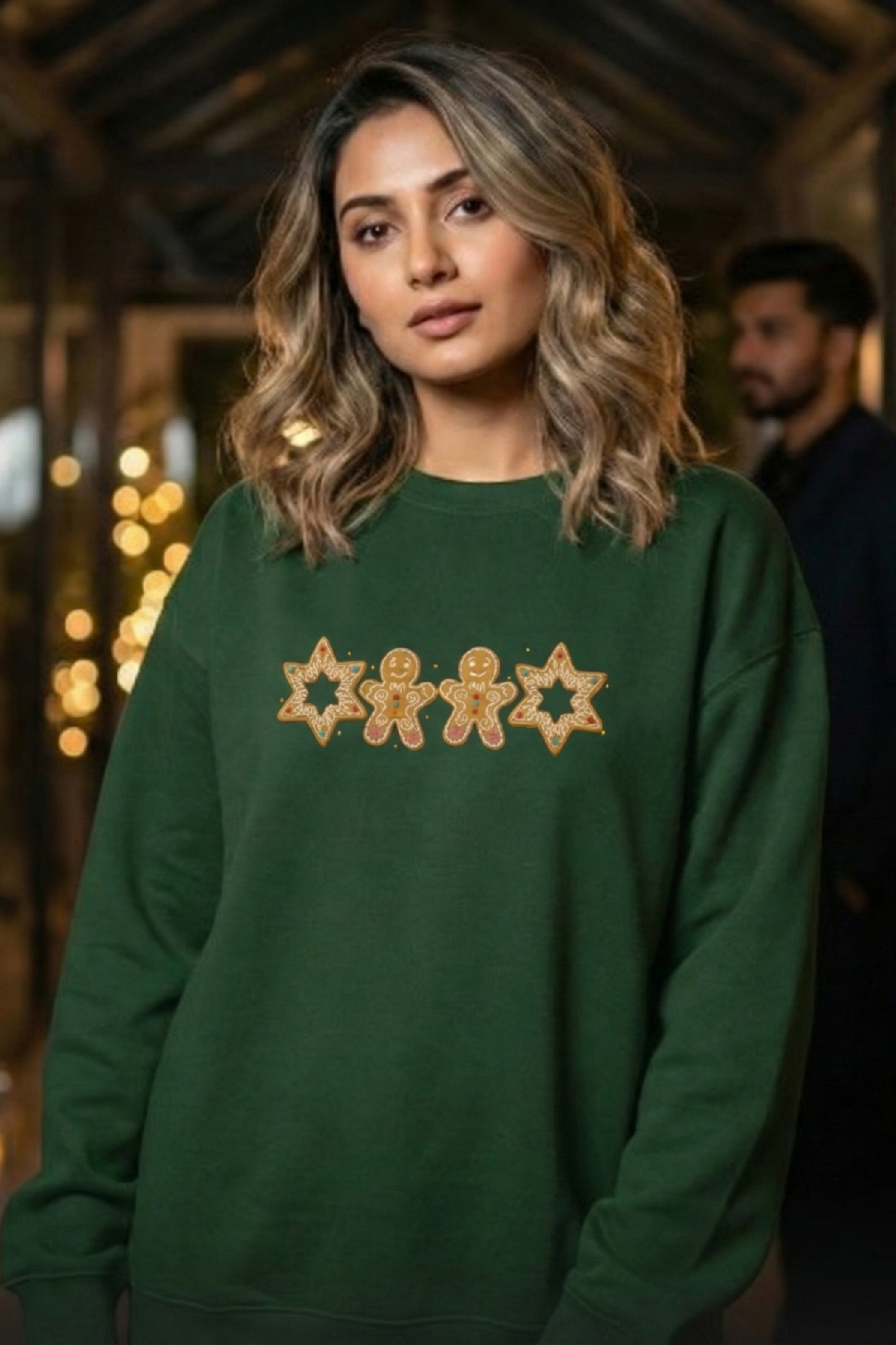 Women's Bottle Green Gingerbread Man and Star Cookies Oversized Sweatshirt
