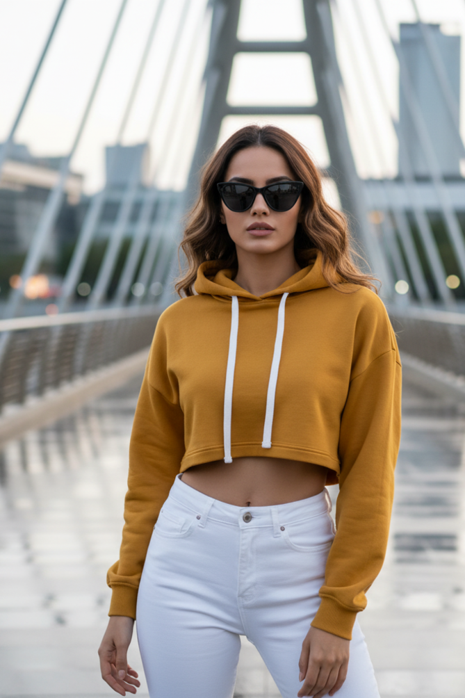 Women's Plain Mustard Yellow Crop Hoodies