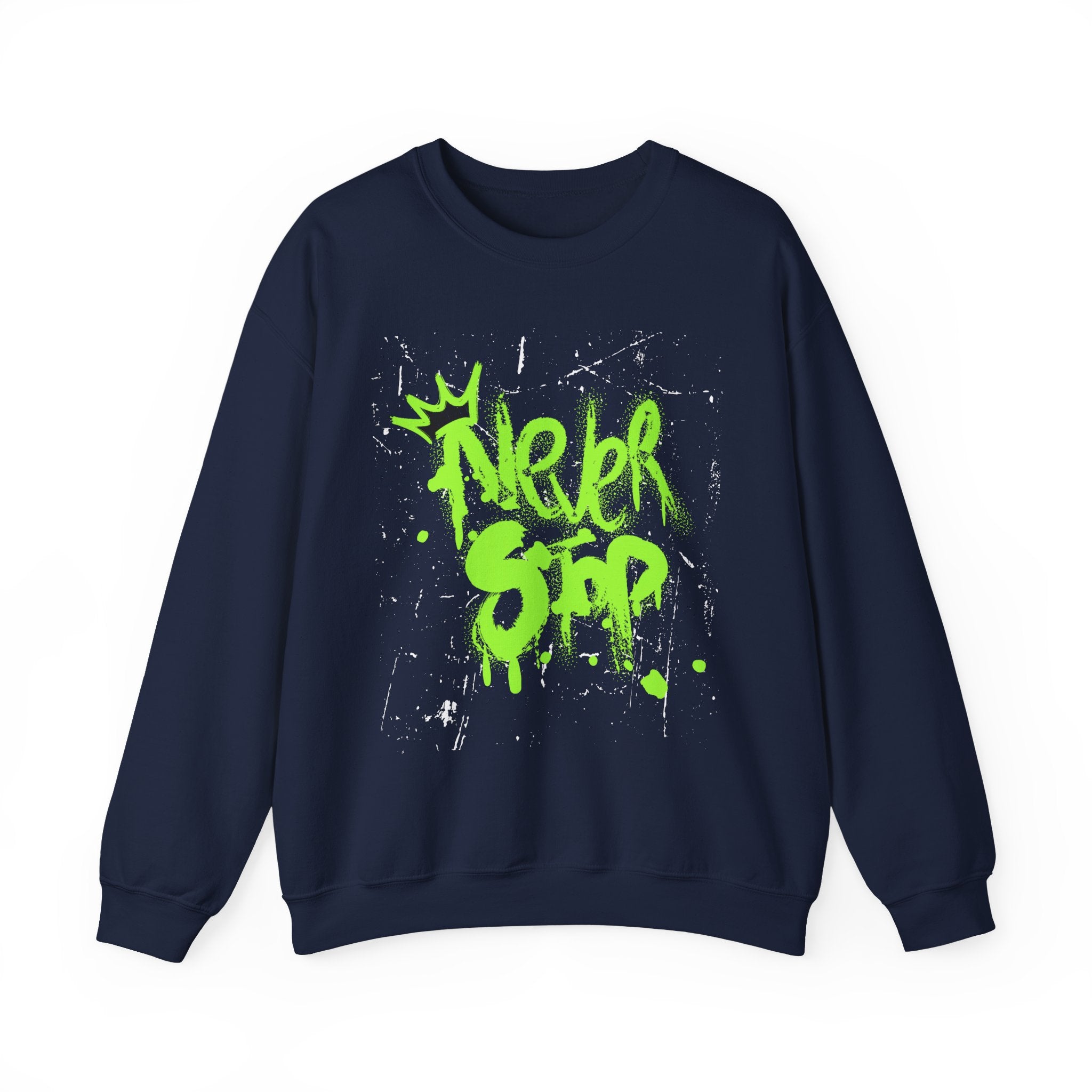 Crewneck Sweatshirt — Neon Green 'Never Stop' Graffiti Design