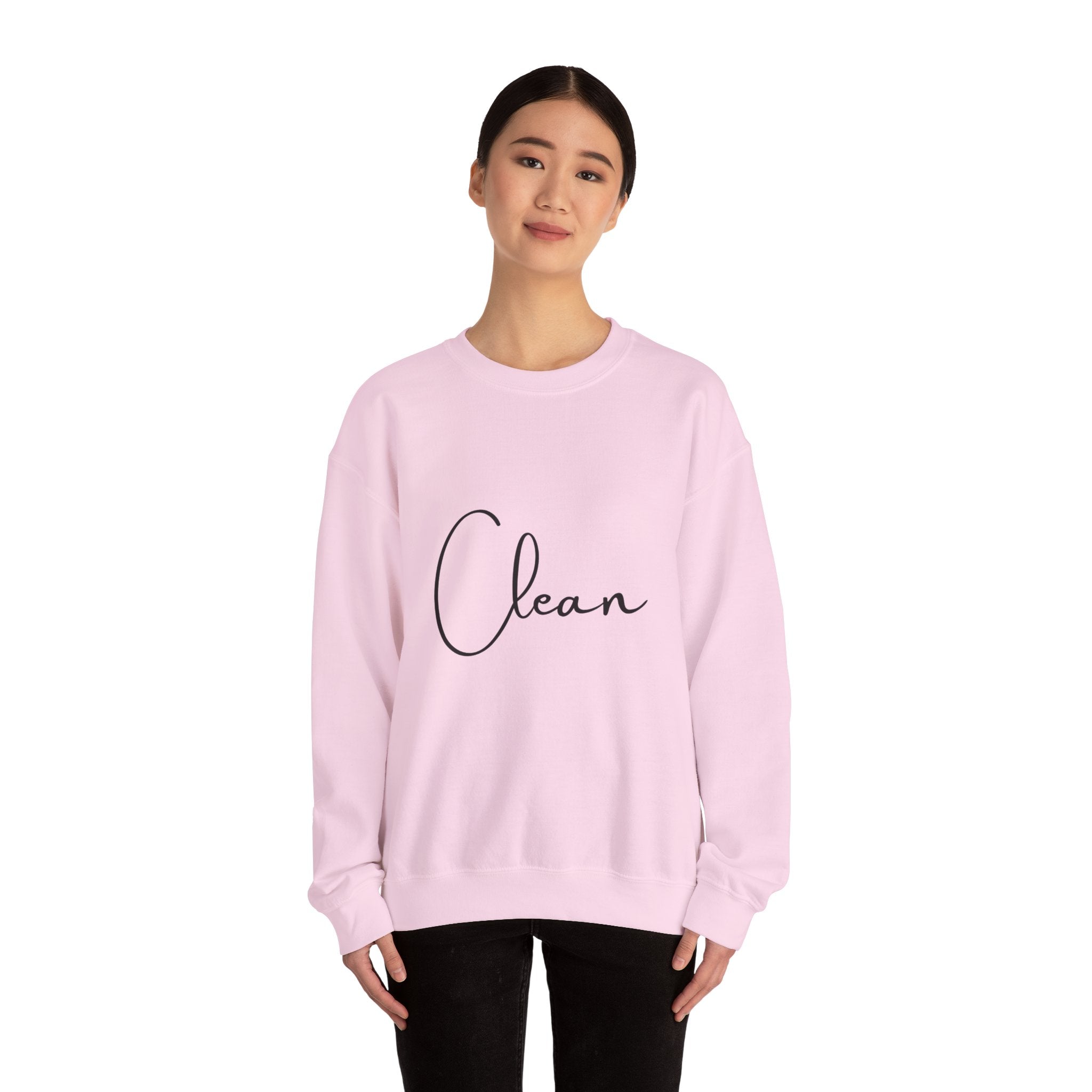 Crewneck Sweatshirt - "Clean" Minimal Script Graphic, Cozy Casual Pullover for Everyday Wear