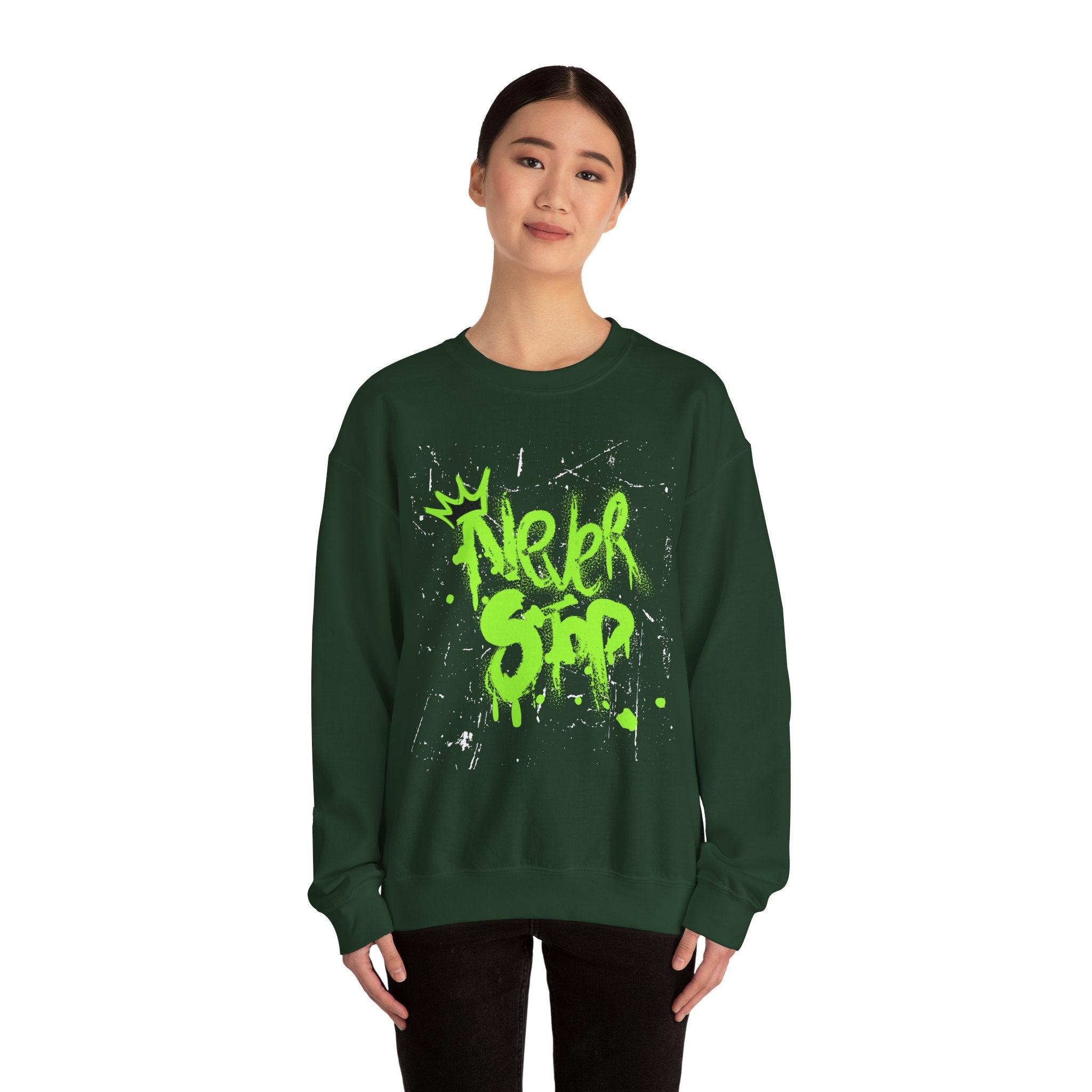 Crewneck Sweatshirt — Neon Green 'Never Stop' Graffiti Design