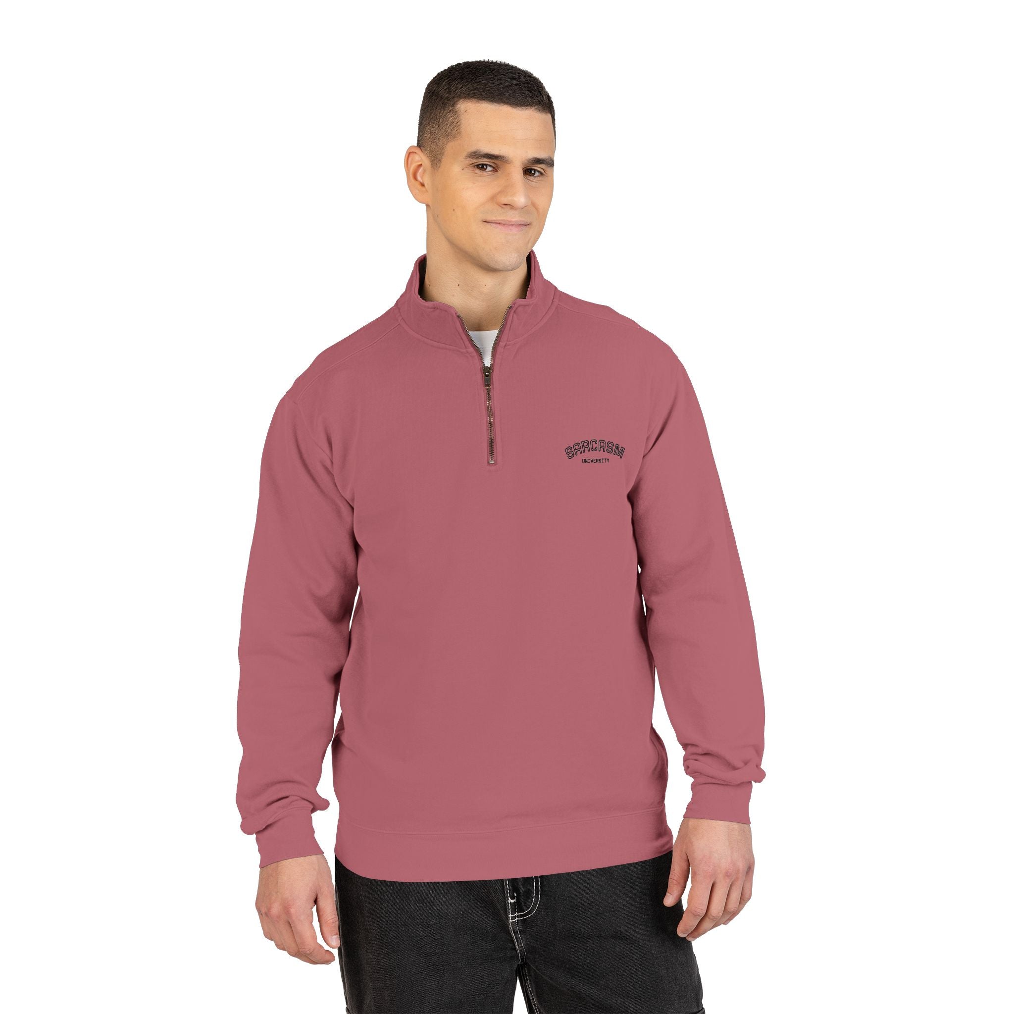 Quarter-Zip Sweatshirt — Minimal 'Balancing' Chest Logo, Cozy Casual Pullover