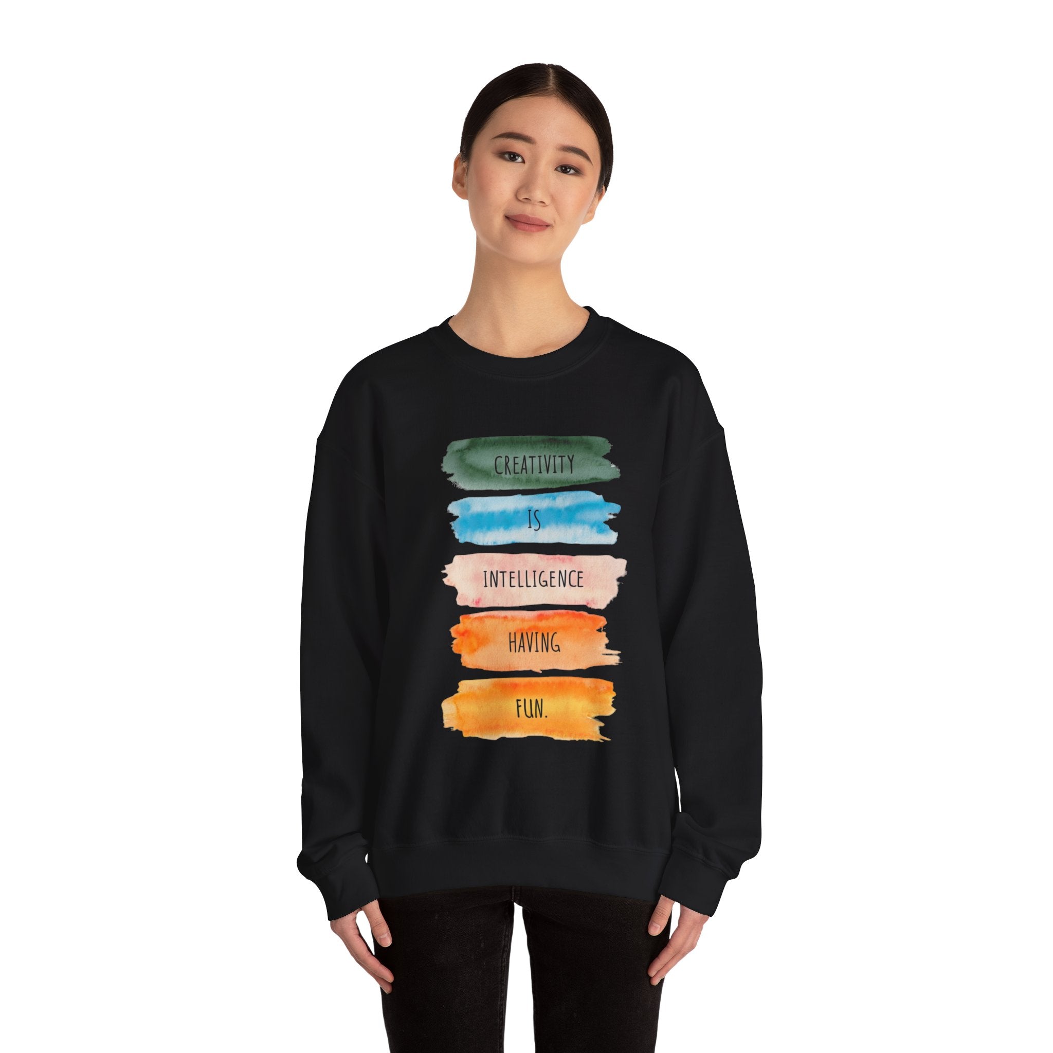 Crewneck Sweatshirt — "Creativity is Intelligence Having Fun" Watercolor Stripes
