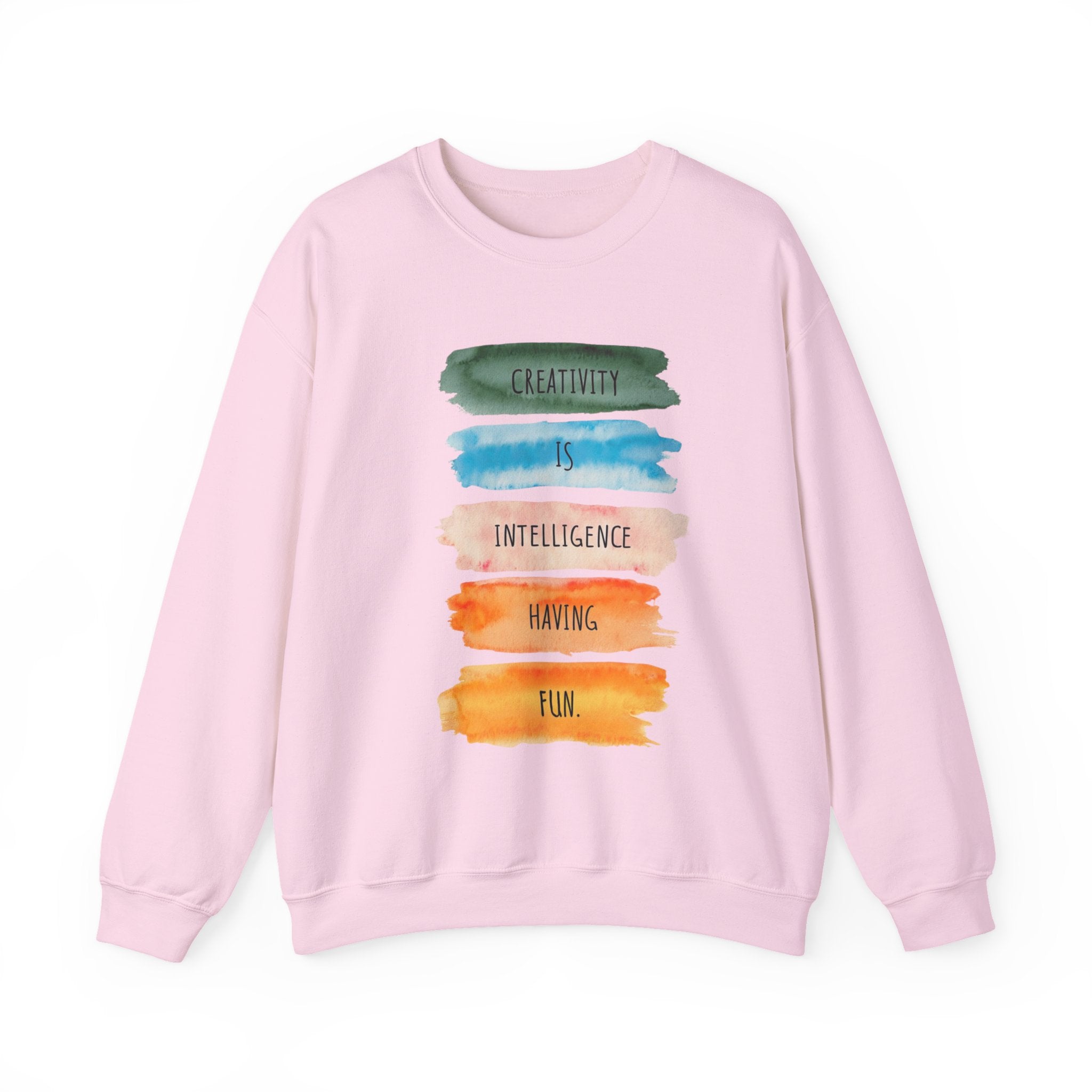 Crewneck Sweatshirt — "Creativity is Intelligence Having Fun" Watercolor Stripes