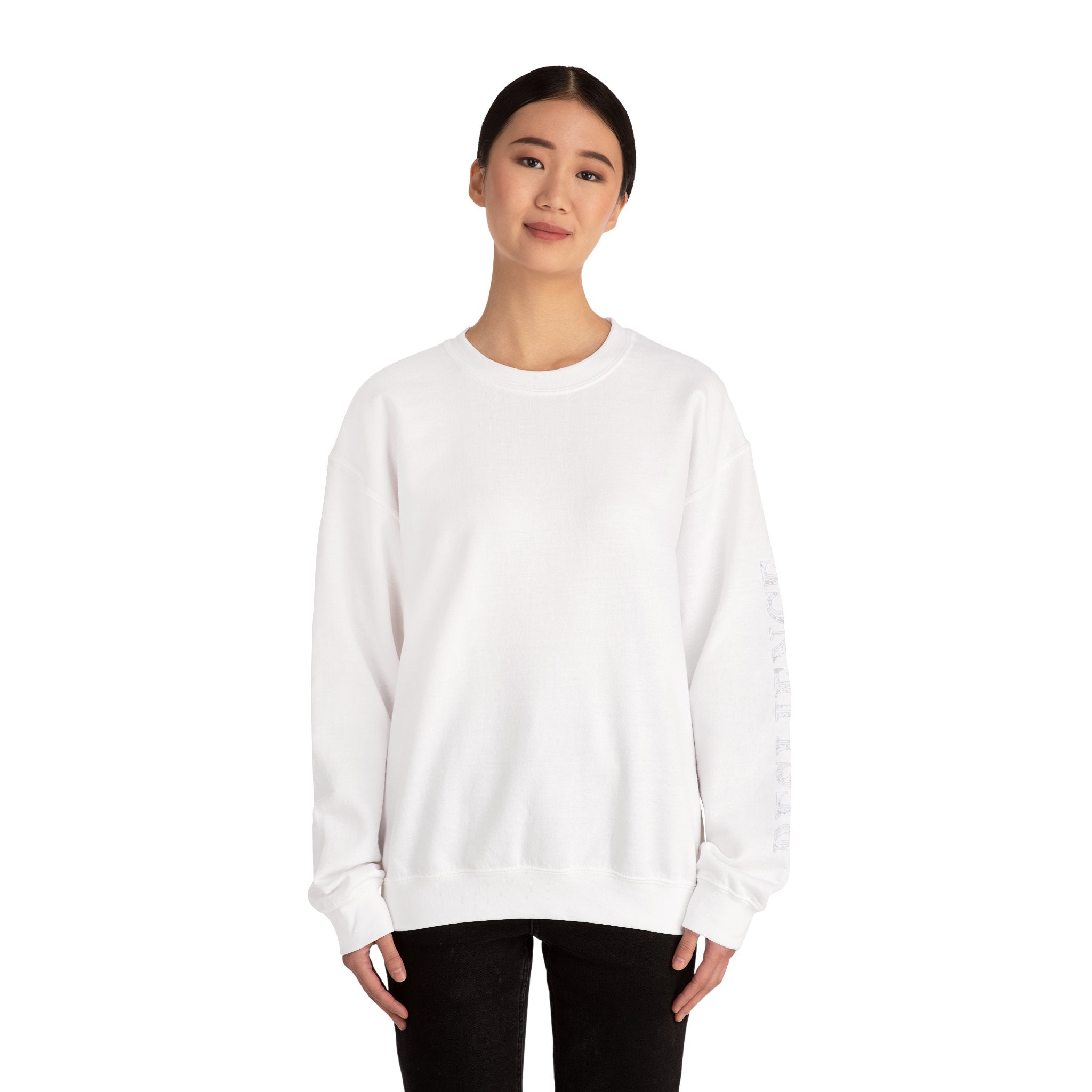 White Minimal Crewneck Sweatshirt — Subtle Sleeve Text Casual Pullover