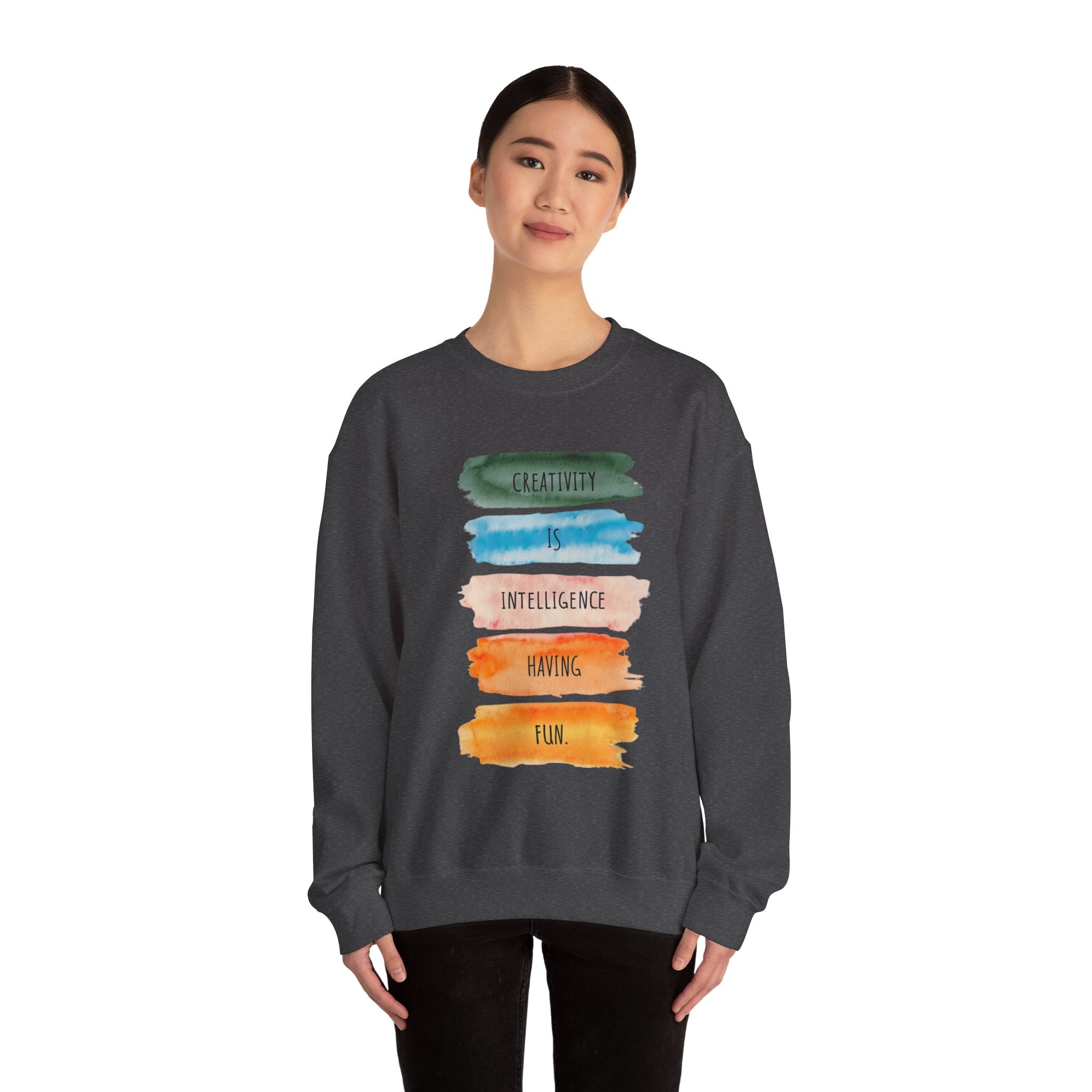 Crewneck Sweatshirt — "Creativity is Intelligence Having Fun" Watercolor Stripes