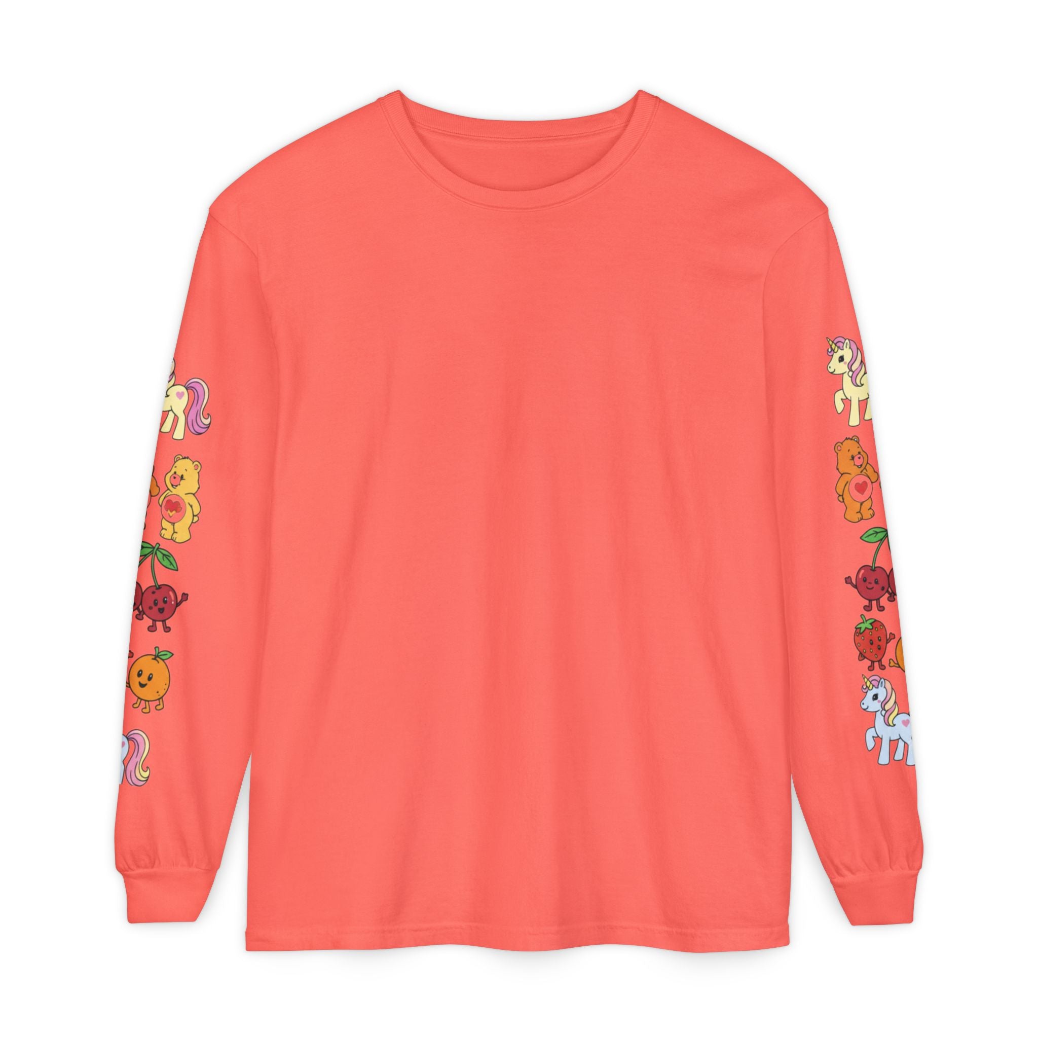 Long Sleeve T‑Shirt — Retro Cute Fruit & Pony Sleeve Print
