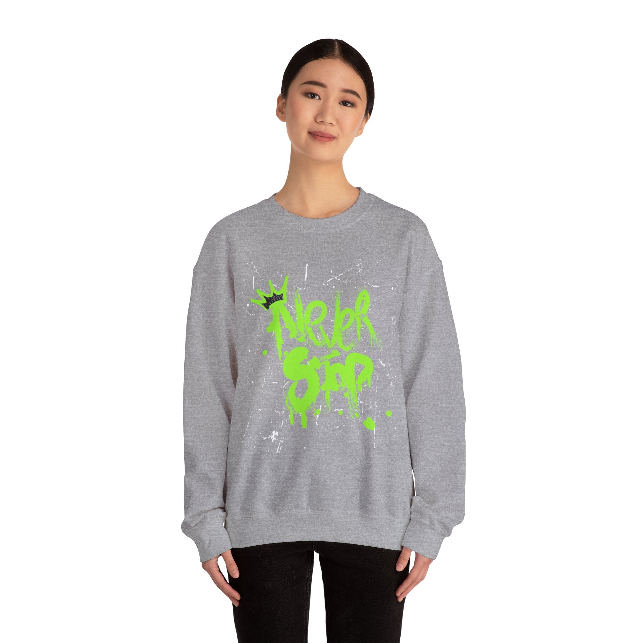 Crewneck Sweatshirt — Neon Green 'Never Stop' Graffiti Design