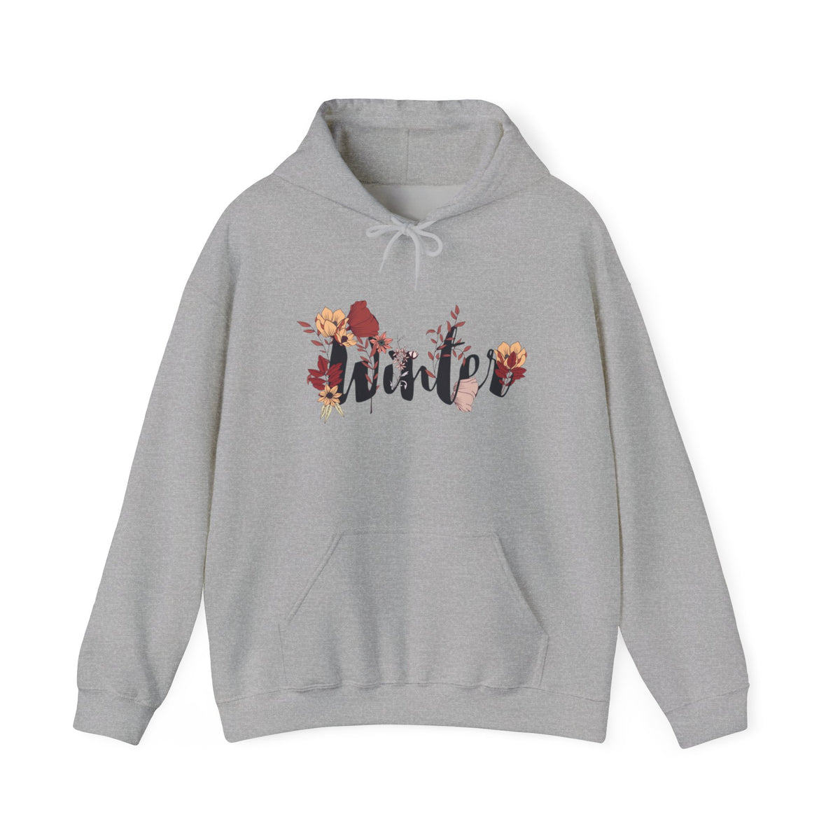 Winter Floral Hoodie — 'Winter' Script with Autumn Blooms, Cozy Seasonal Pullover