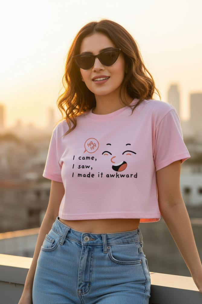 Women's I Made It Awkward Baby Pink Crop Top