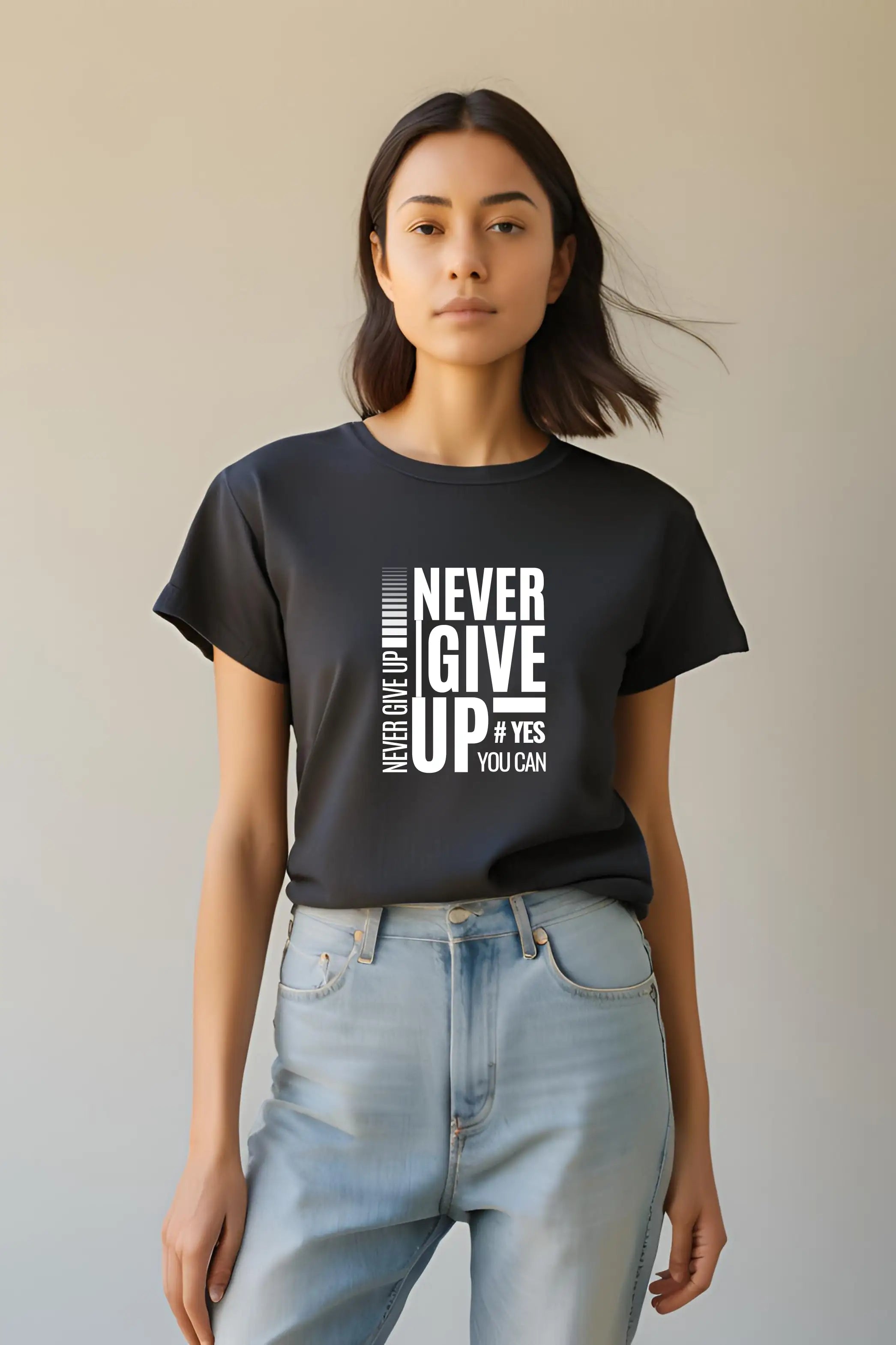 Women's Round Neck Black Half Sleeve Never Give Up T-shirt