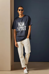 Unisex Petrol Blue Round Neck Half Sleeve Holy Spirit Oversized T-shirt