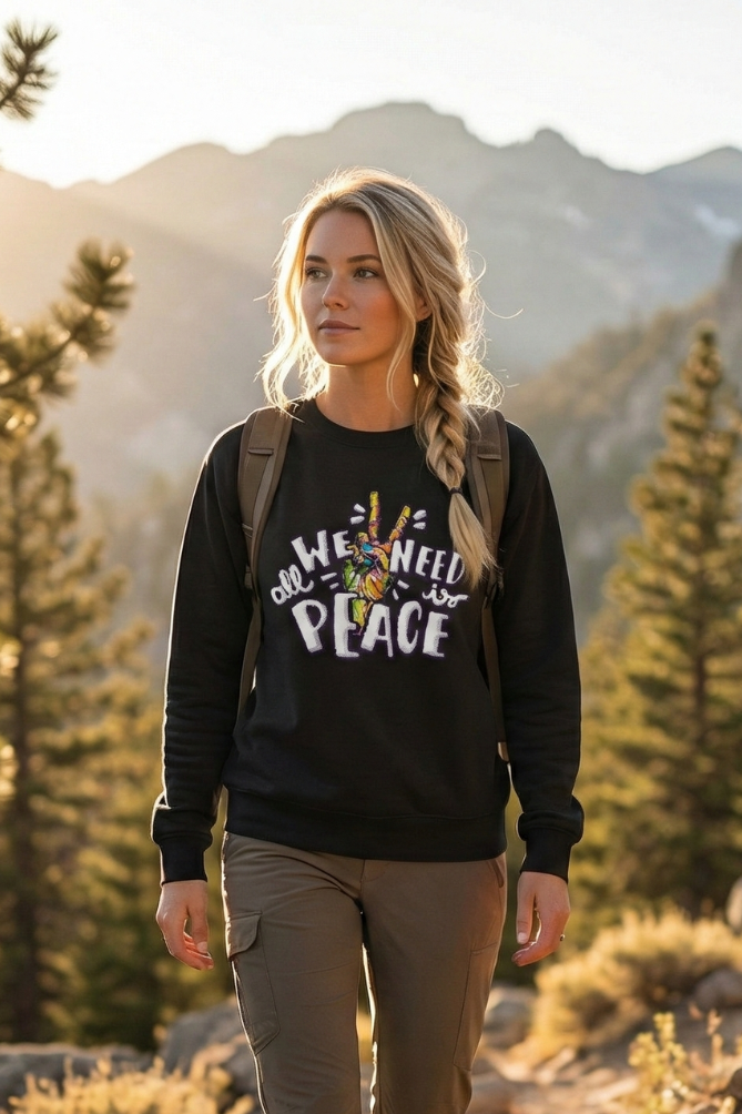 "We Need Peace" Black Sweatshirt — Peace Sign Floral Crewneck