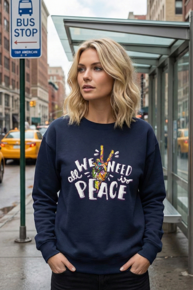Crewneck Navy Blue Sweatshirt — 'All We Need Is Peace' Floral Handlettered Design