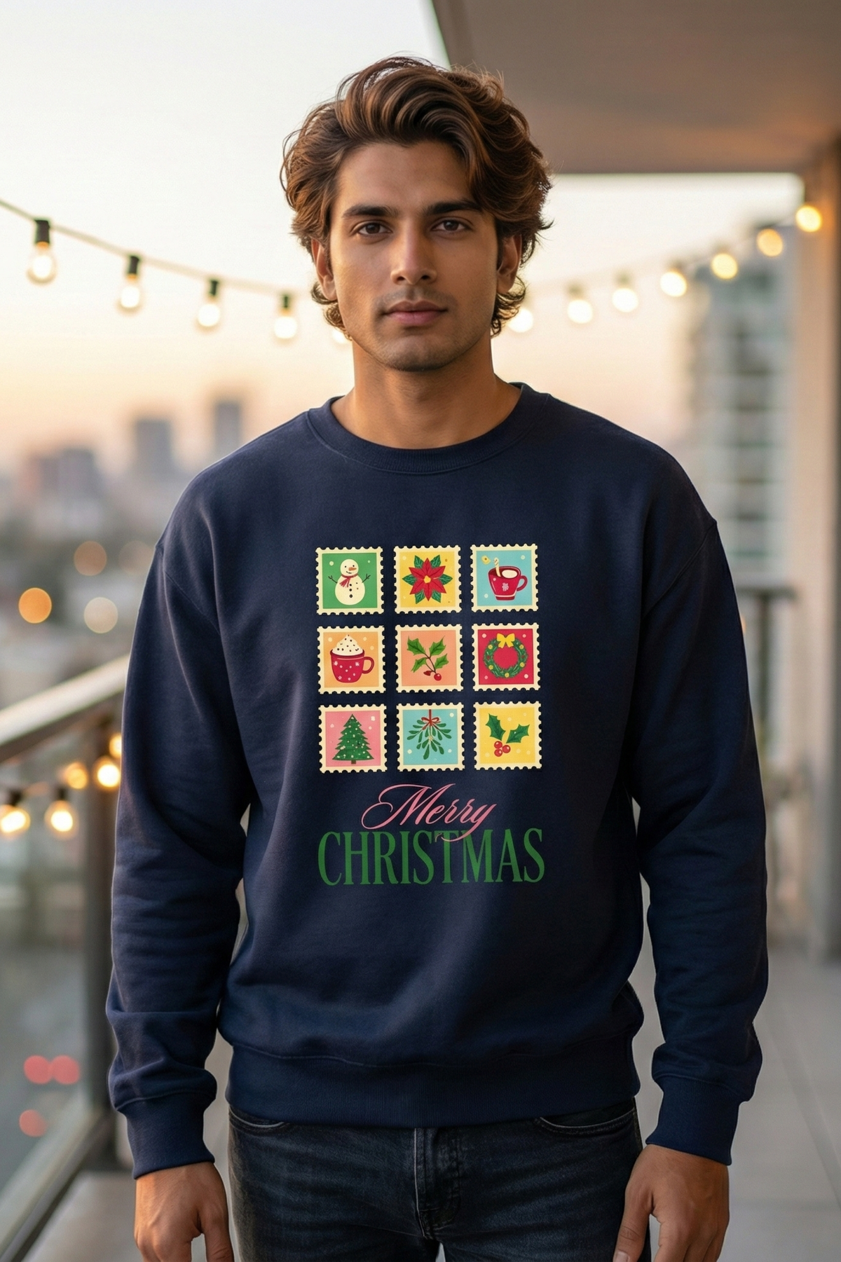 Unisex Navy Blue Retro Holiday Icons "Merry Christmas" Oversized Sweatshirt