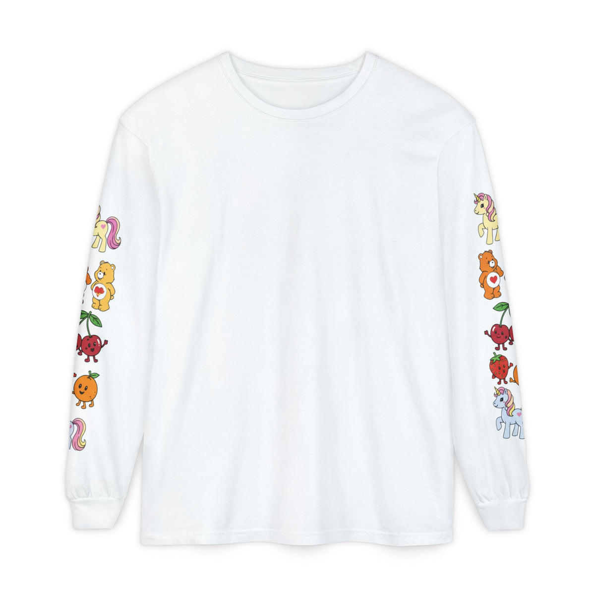 Long Sleeve T‑Shirt — Retro Cute Fruit & Pony Sleeve Print