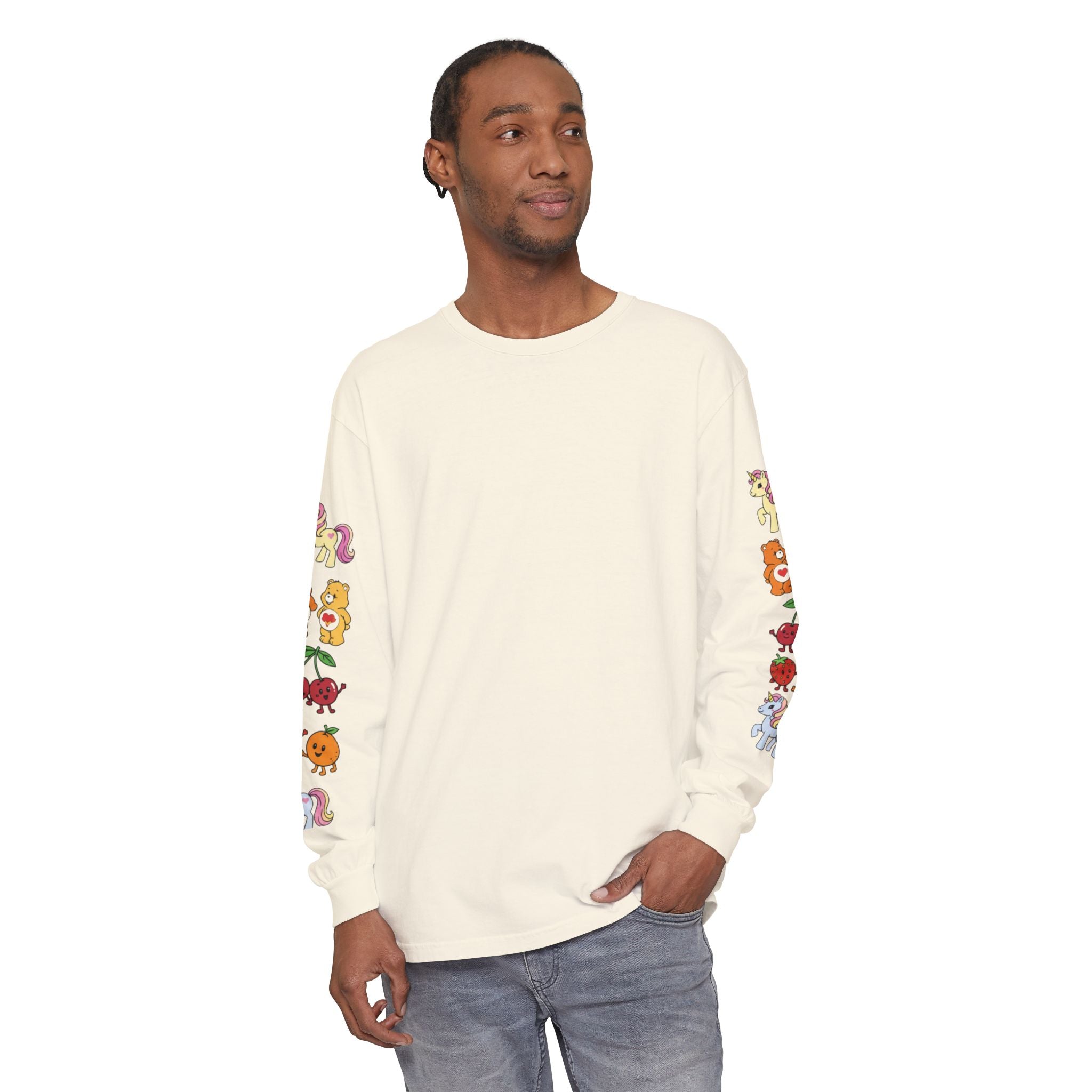 Long Sleeve T‑Shirt — Retro Cute Fruit & Pony Sleeve Print