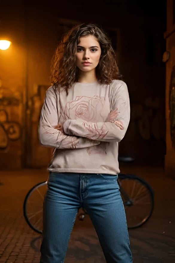 Women's Minimalist Rose Print Full Sleeve T-shirt