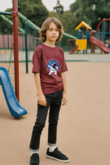 Boys Coffee Brown Round Neck Half Sleeve Astronaut T-shirt