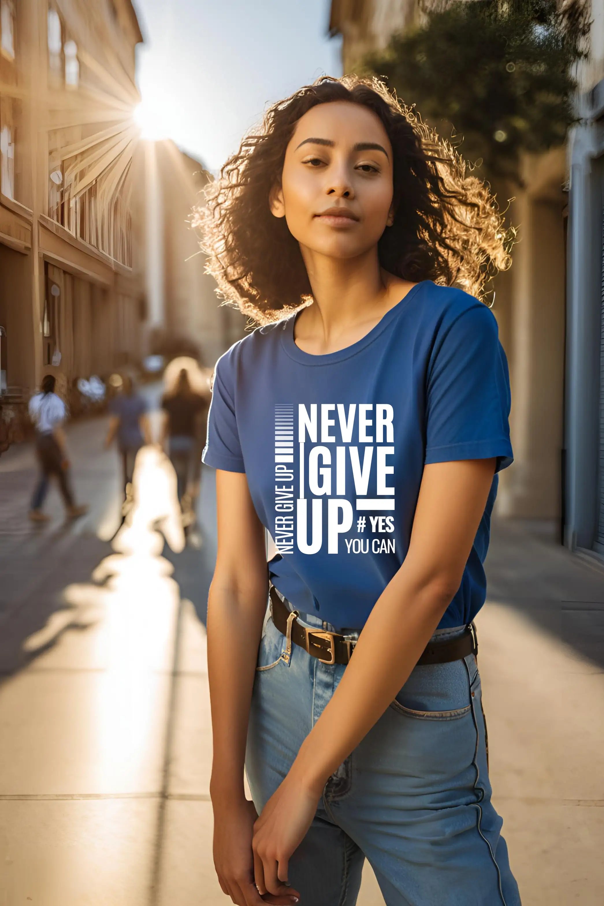 Women's Round Neck Royal Blue Half Sleeve Never Give Up T-shirt
