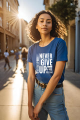 Women's Round Neck Royal Blue Half Sleeve Never Give Up T-shirt